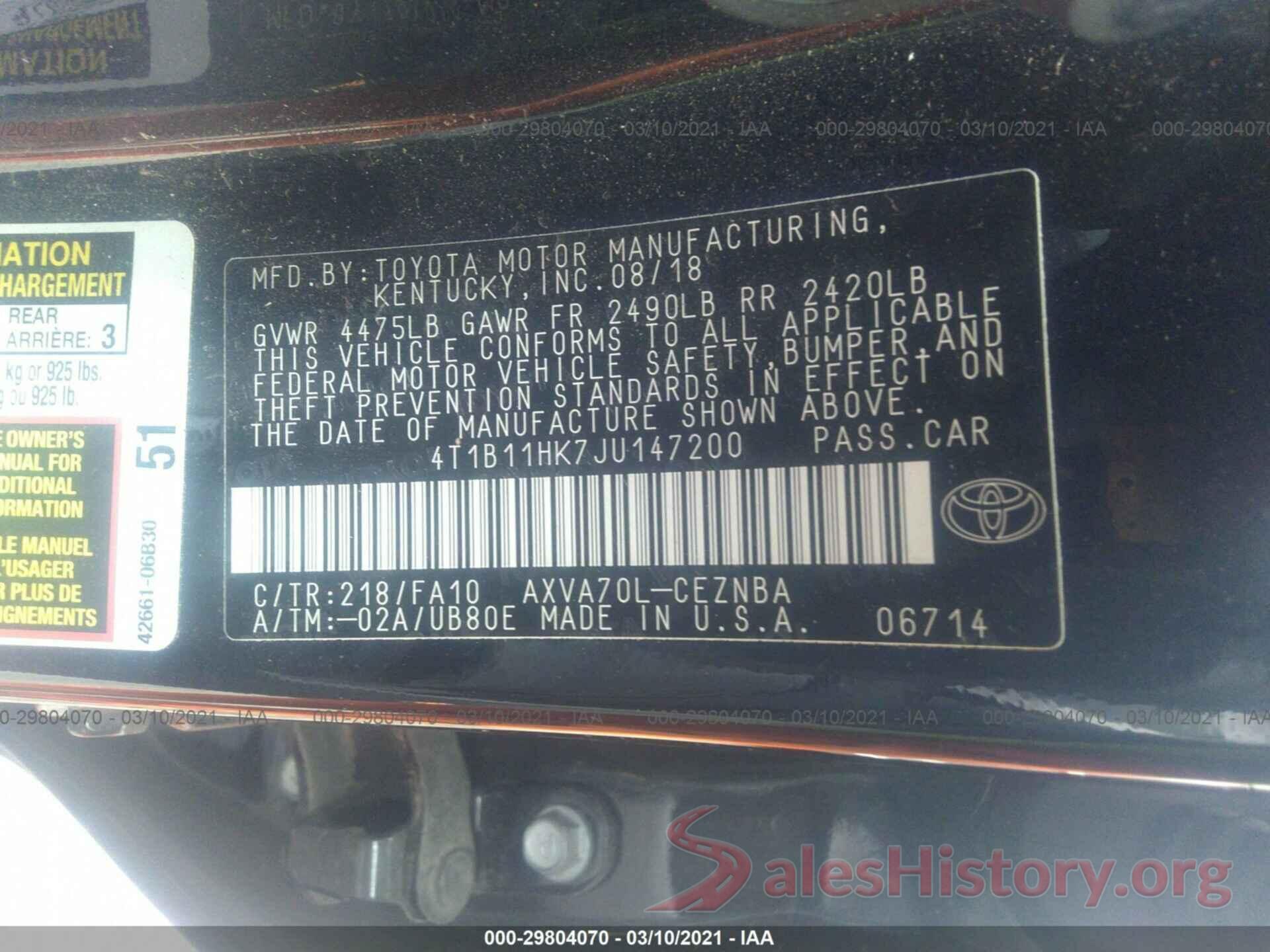 4T1B11HK7JU147200 2018 TOYOTA CAMRY