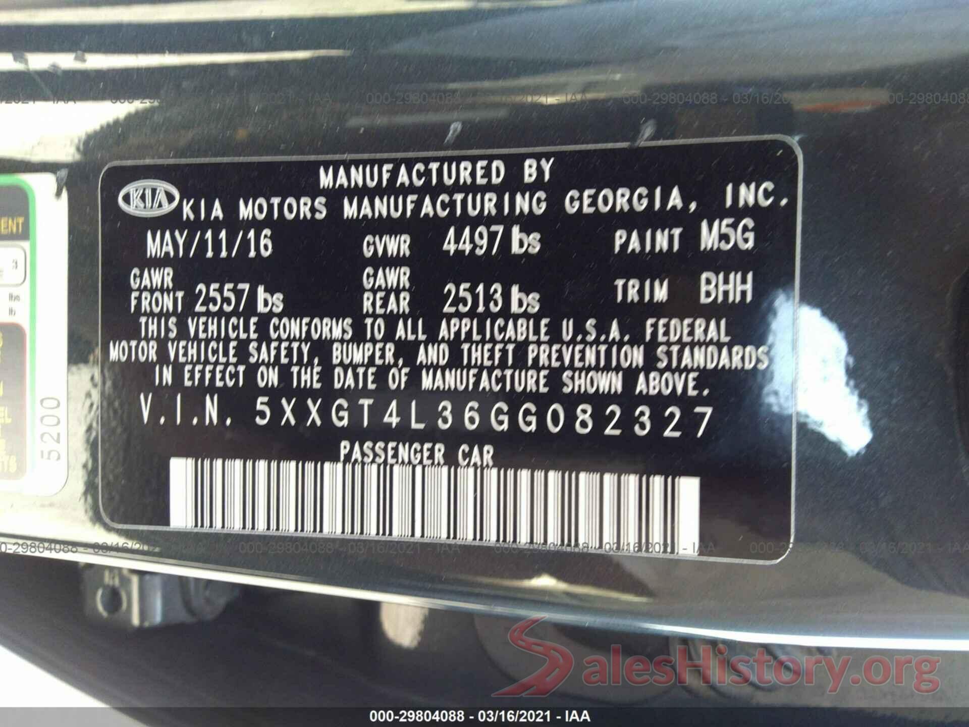 5XXGT4L36GG082327 2016 KIA OPTIMA