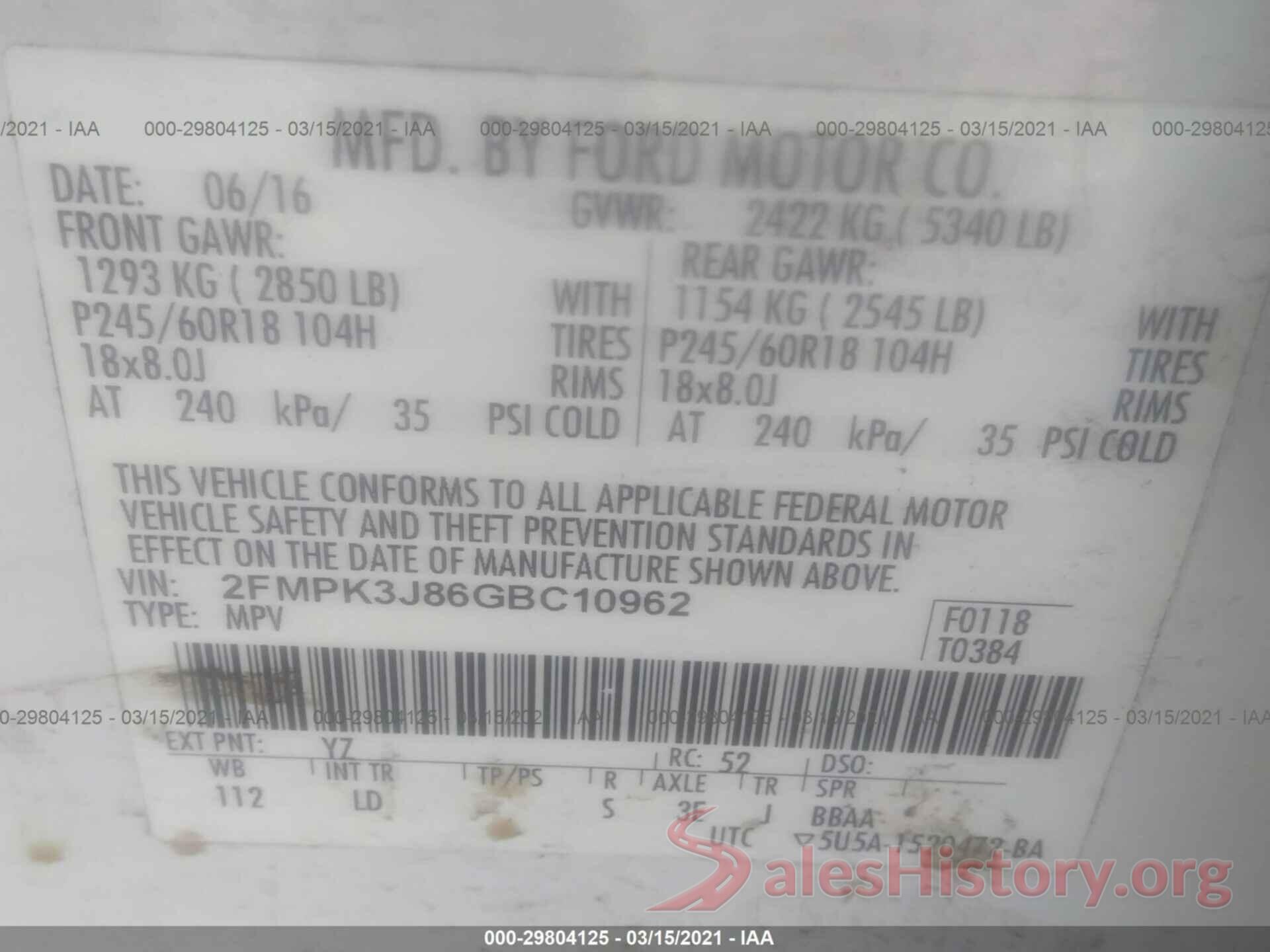 2FMPK3J86GBC10962 2016 FORD EDGE