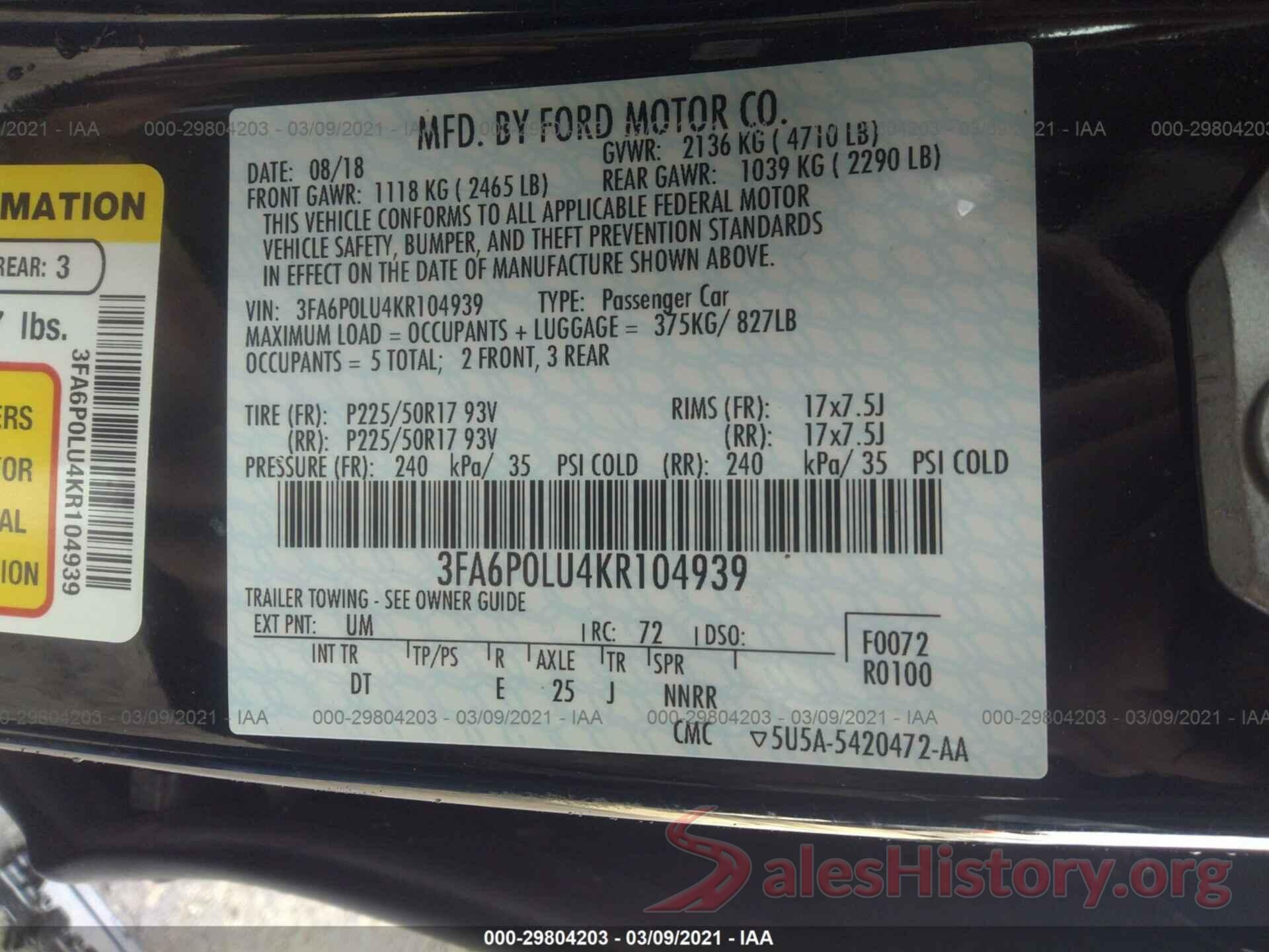 3FA6P0LU4KR104939 2019 FORD FUSION HYBRID