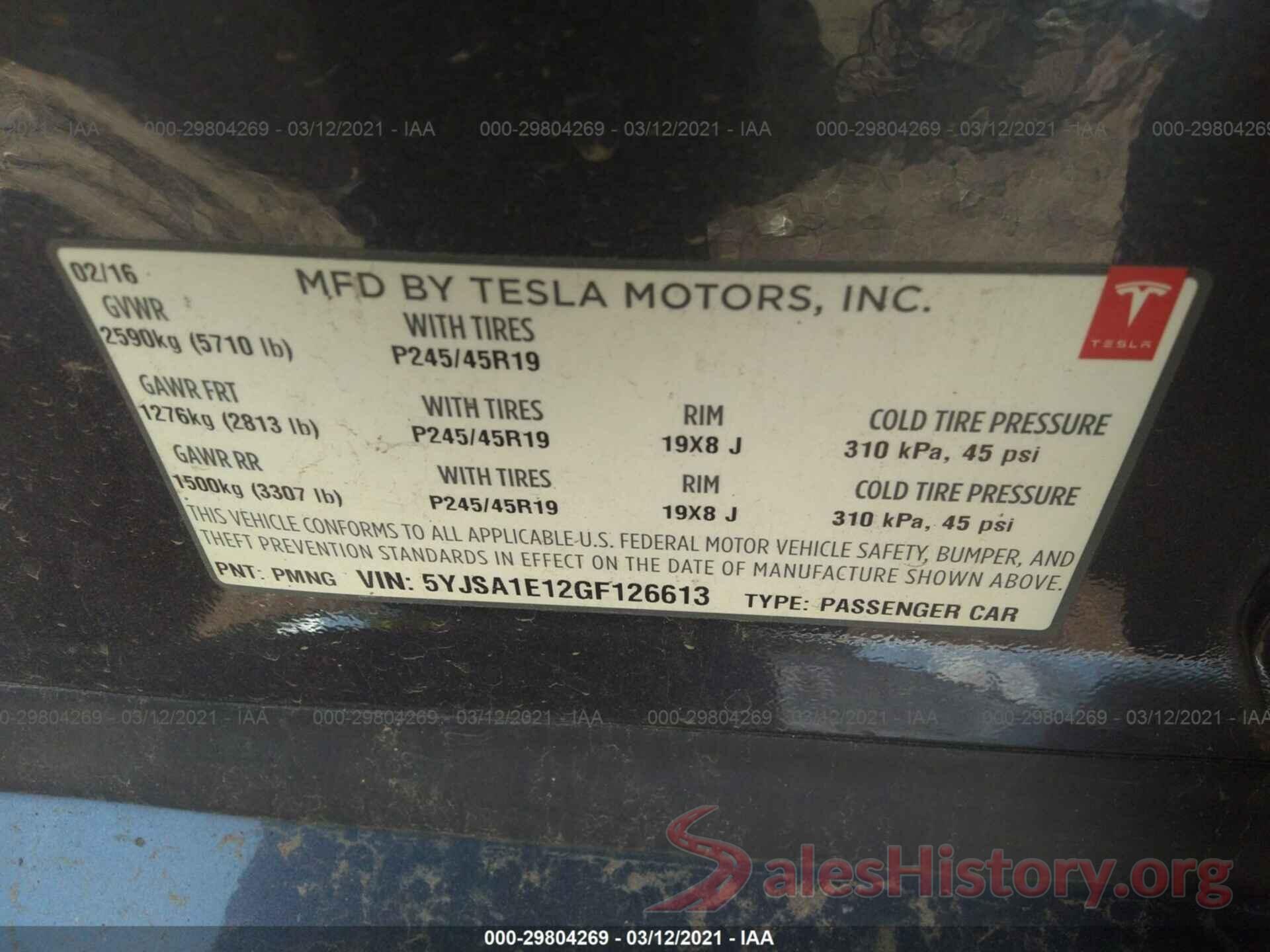 5YJSA1E12GF126613 2016 TESLA MODEL S