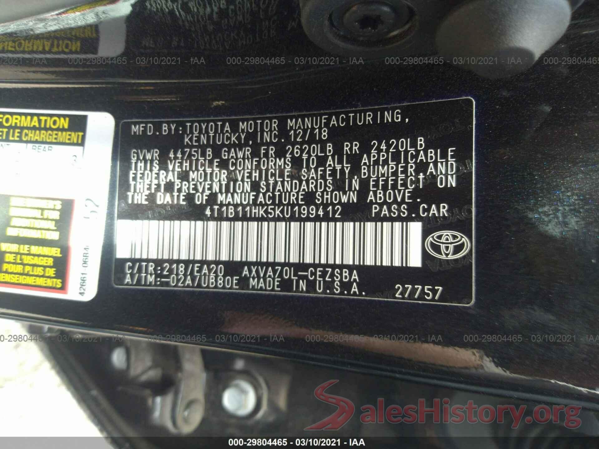 4T1B11HK5KU199412 2019 TOYOTA CAMRY