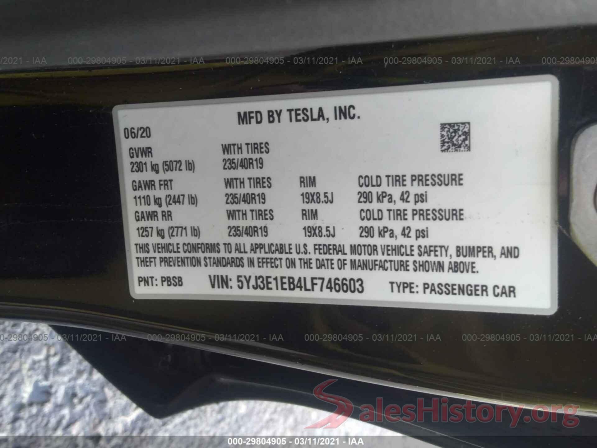 5YJ3E1EB4LF746603 2020 TESLA MODEL 3