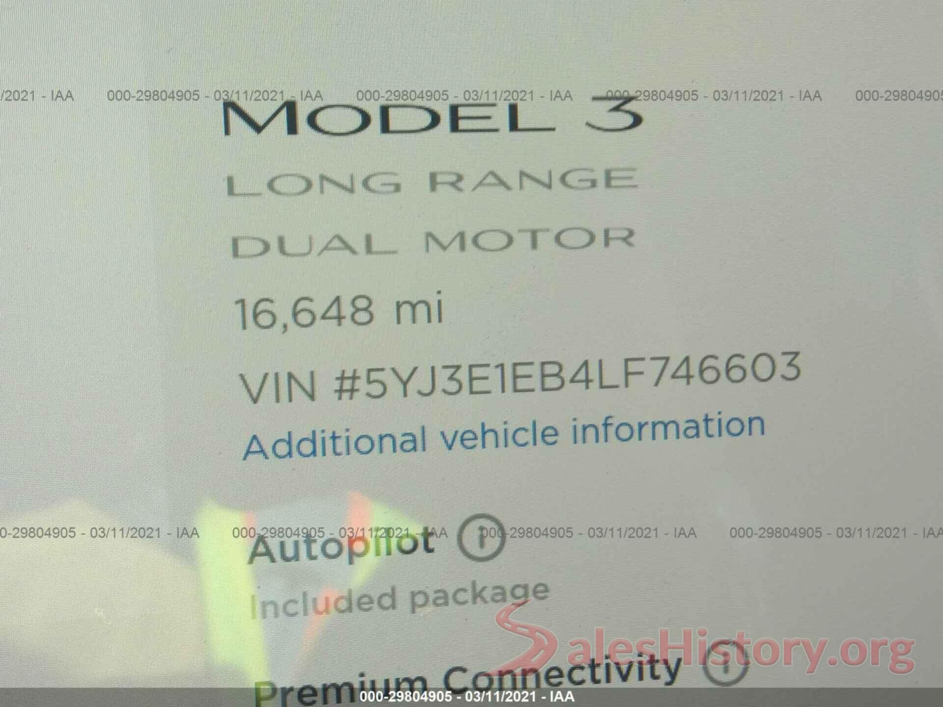 5YJ3E1EB4LF746603 2020 TESLA MODEL 3