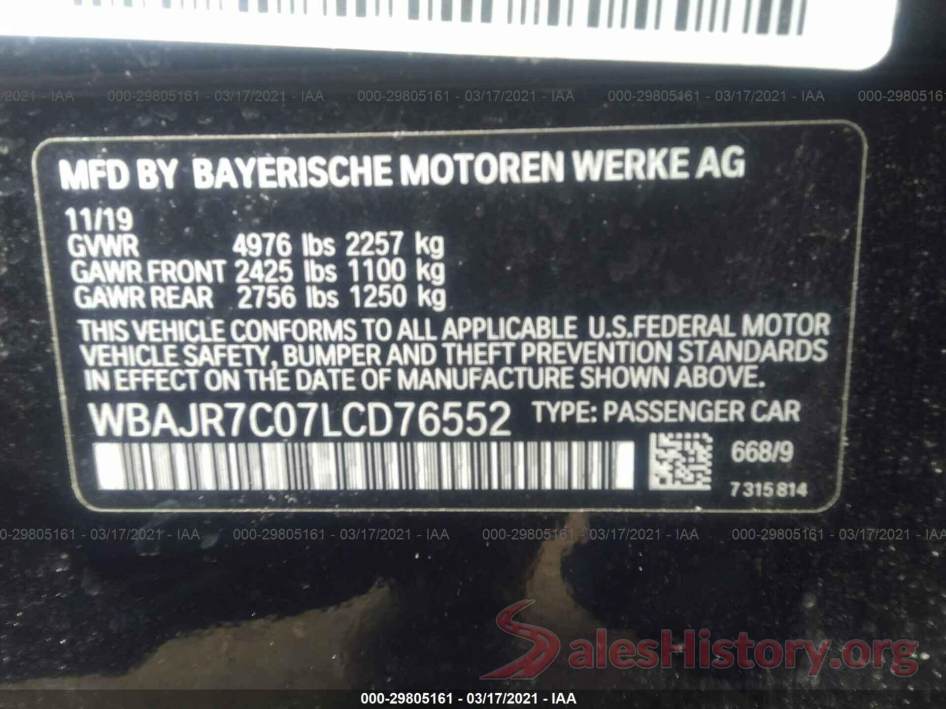 WBAJR7C07LCD76552 2020 BMW 5 SERIES