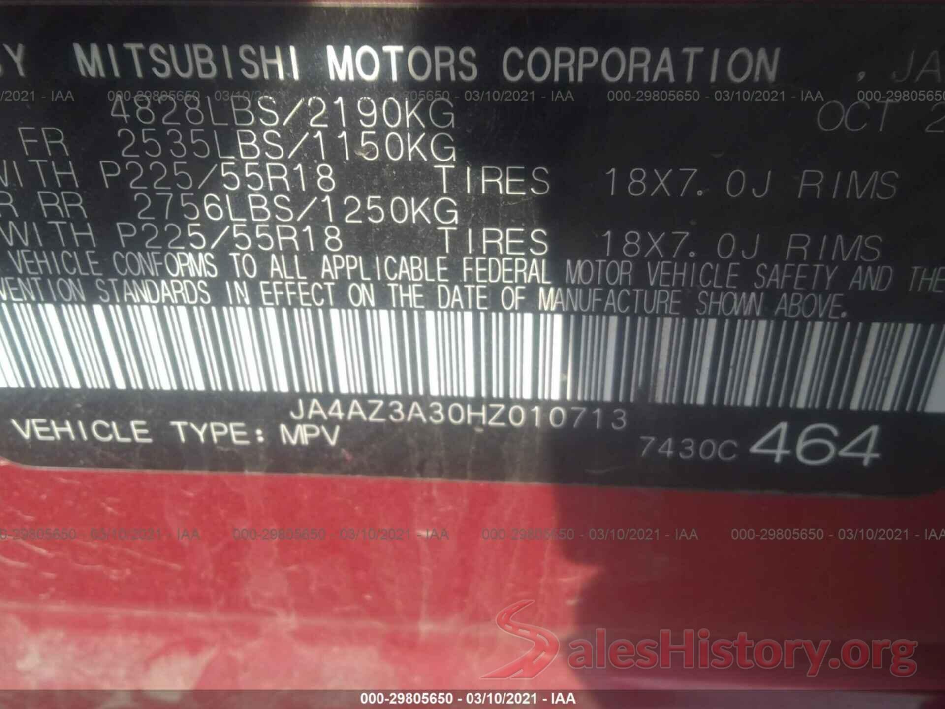 JA4AZ3A30HZ010713 2017 MITSUBISHI OUTLANDER