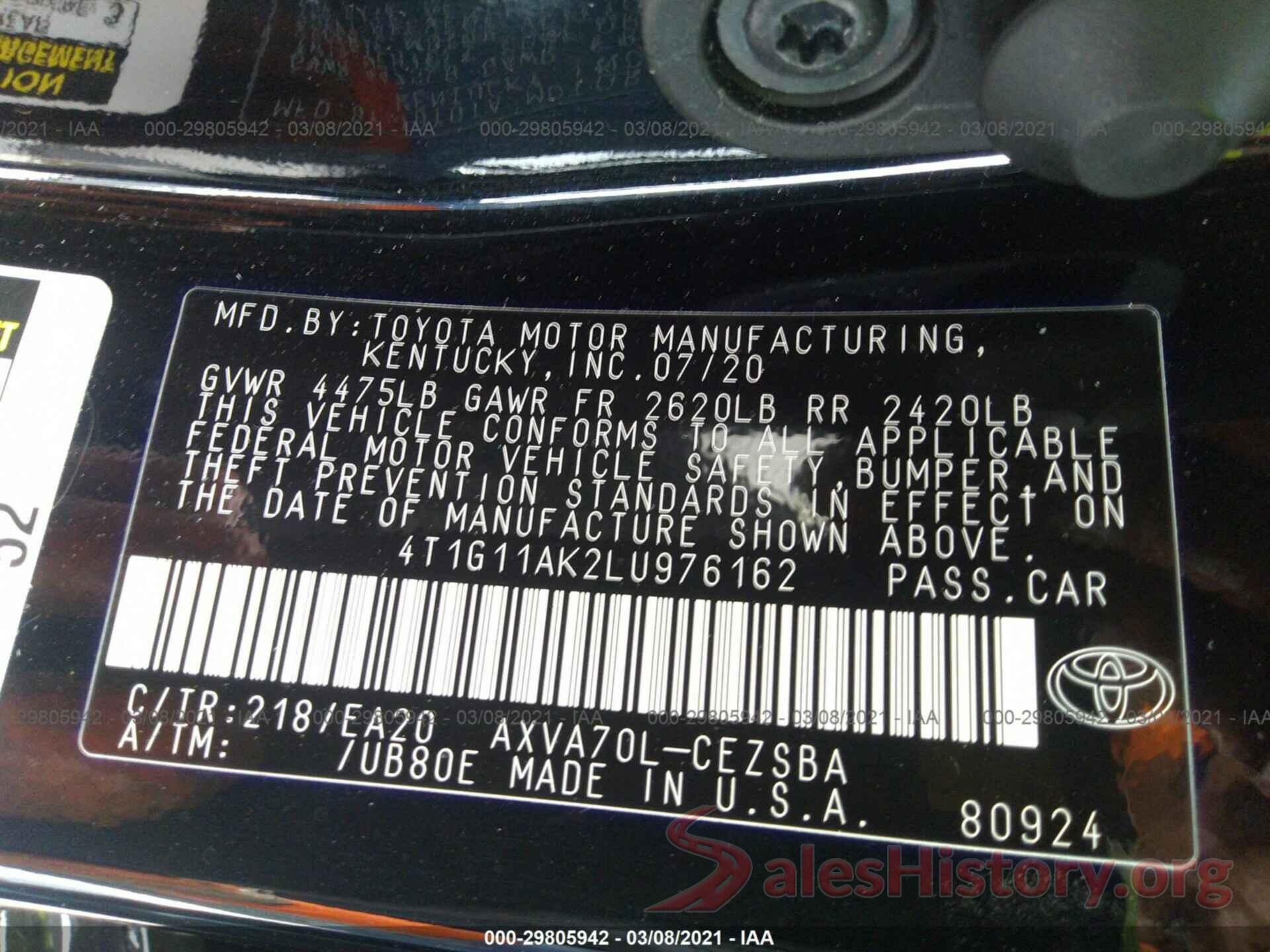 4T1G11AK2LU976162 2020 TOYOTA CAMRY