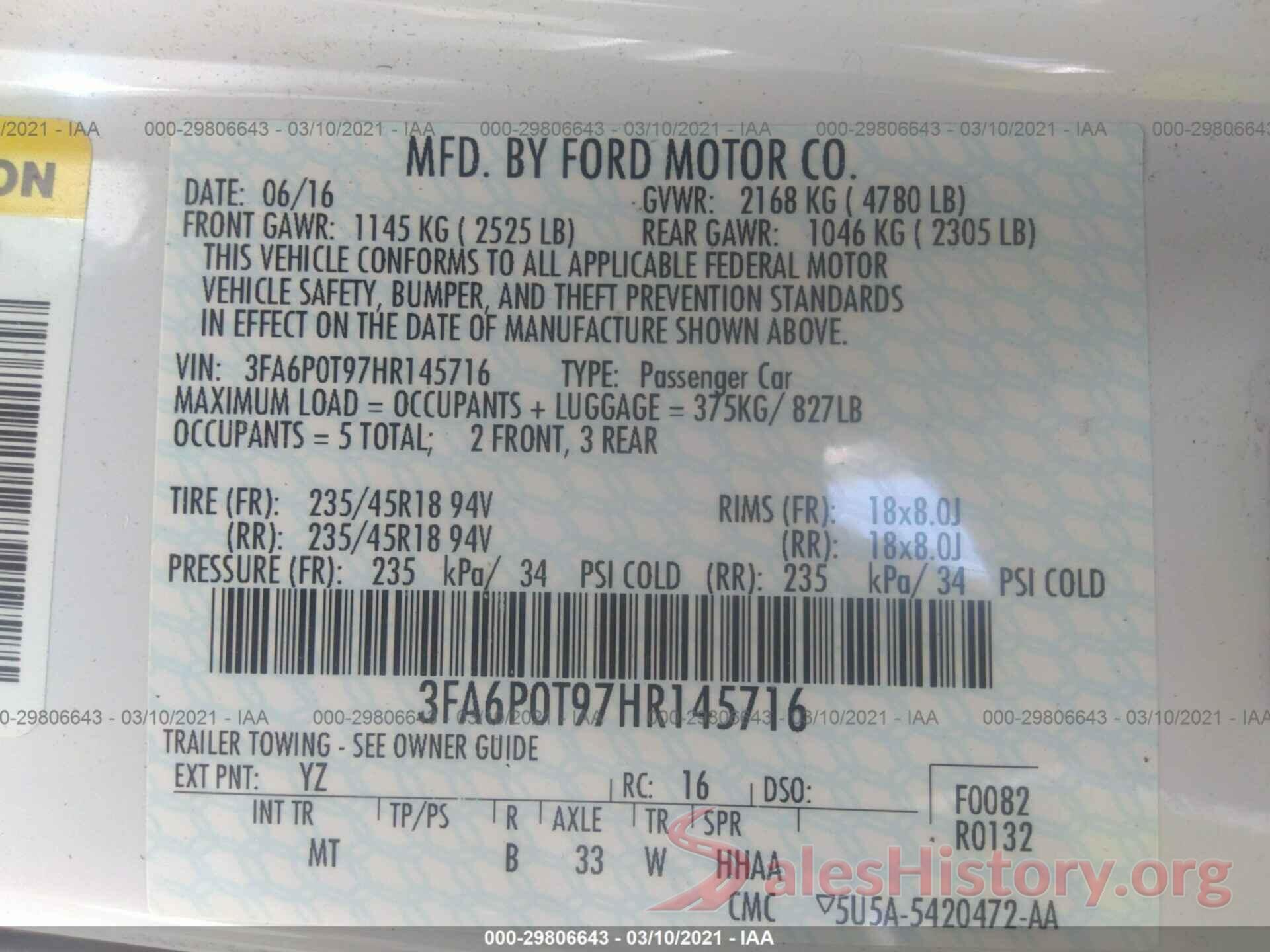 3FA6P0T97HR145716 2017 FORD FUSION