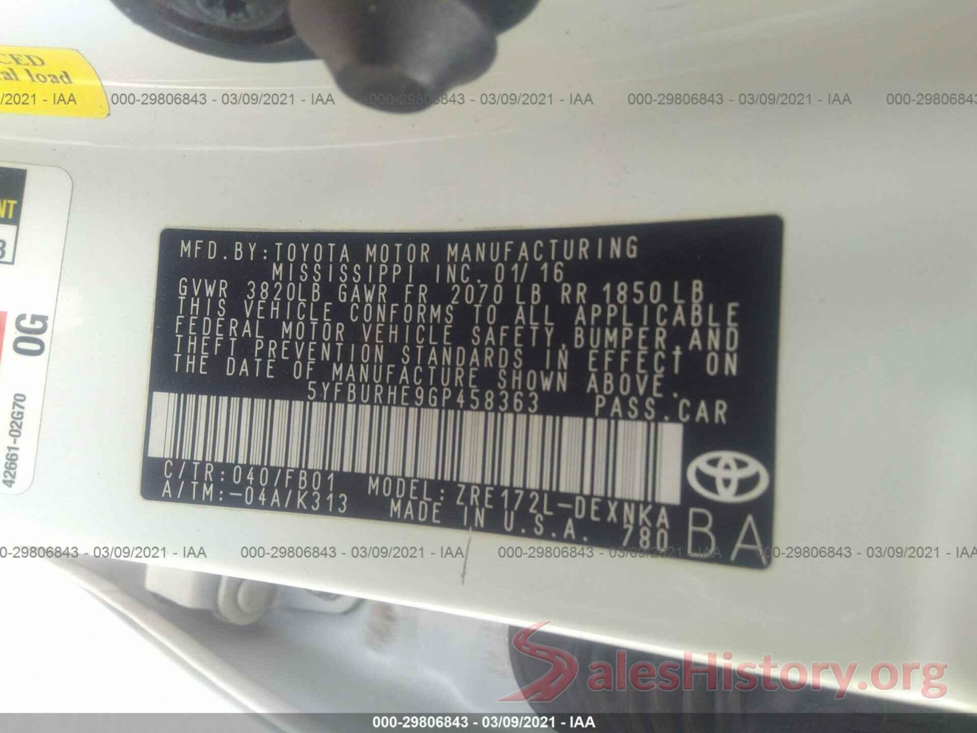 5YFBURHE9GP458363 2016 TOYOTA COROLLA