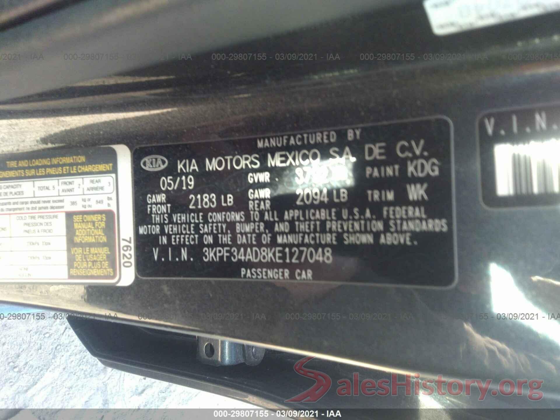 3KPF34AD8KE127048 2019 KIA FORTE