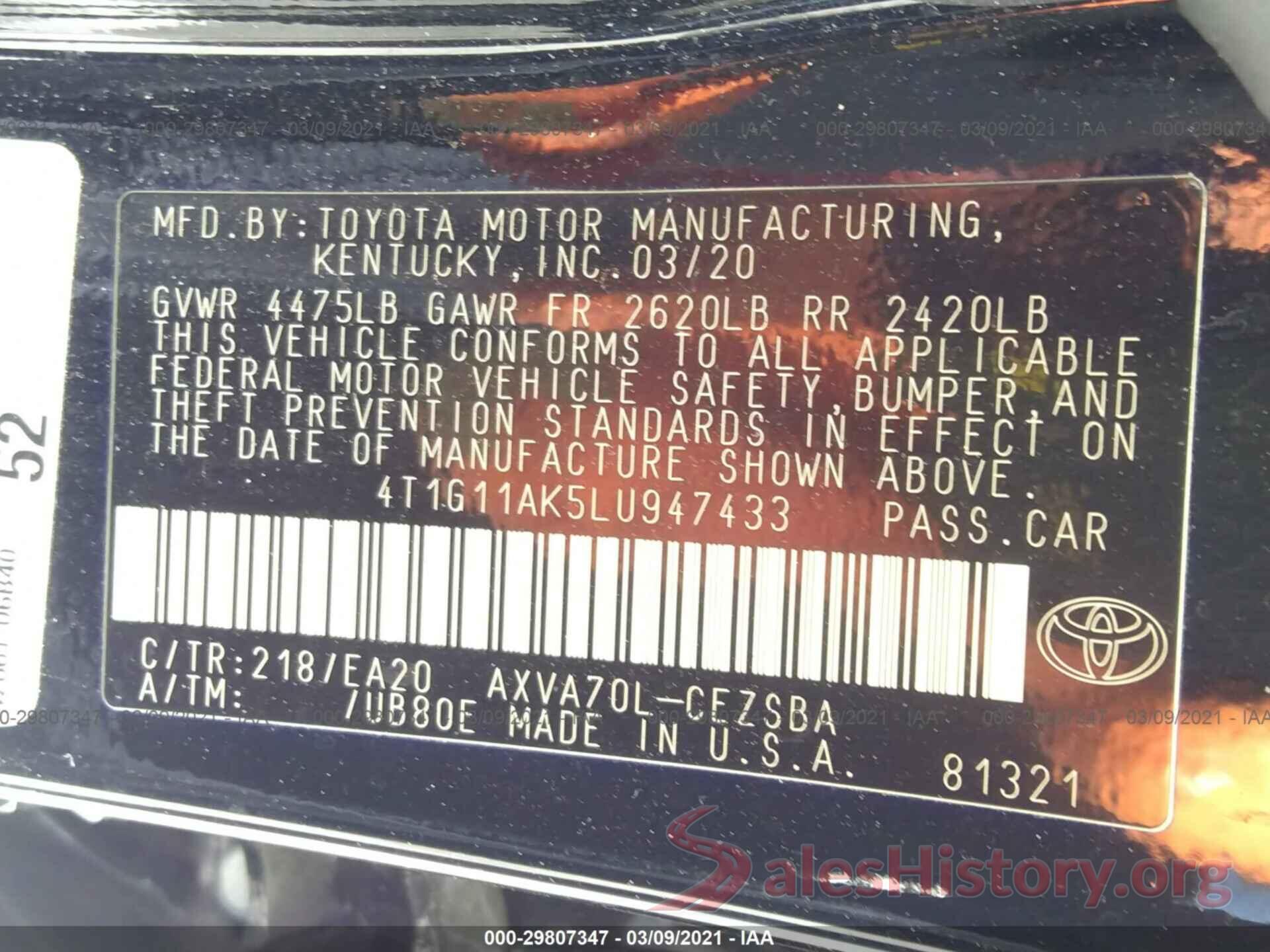 4T1G11AK5LU947433 2020 TOYOTA CAMRY