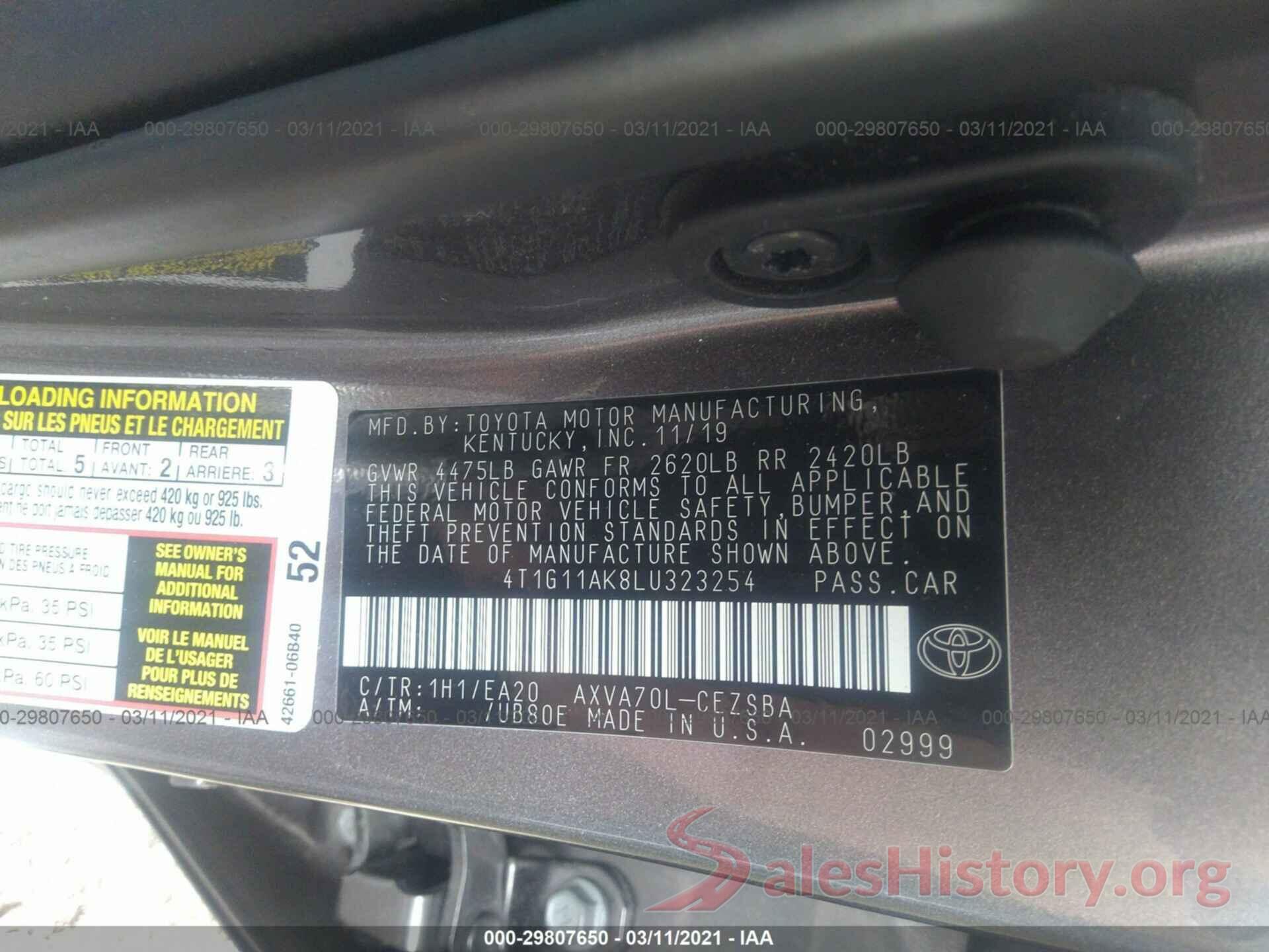 4T1G11AK8LU323254 2020 TOYOTA CAMRY