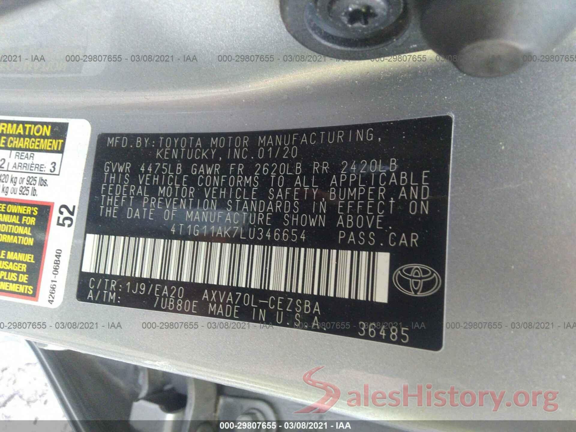 4T1G11AK7LU346654 2020 TOYOTA CAMRY