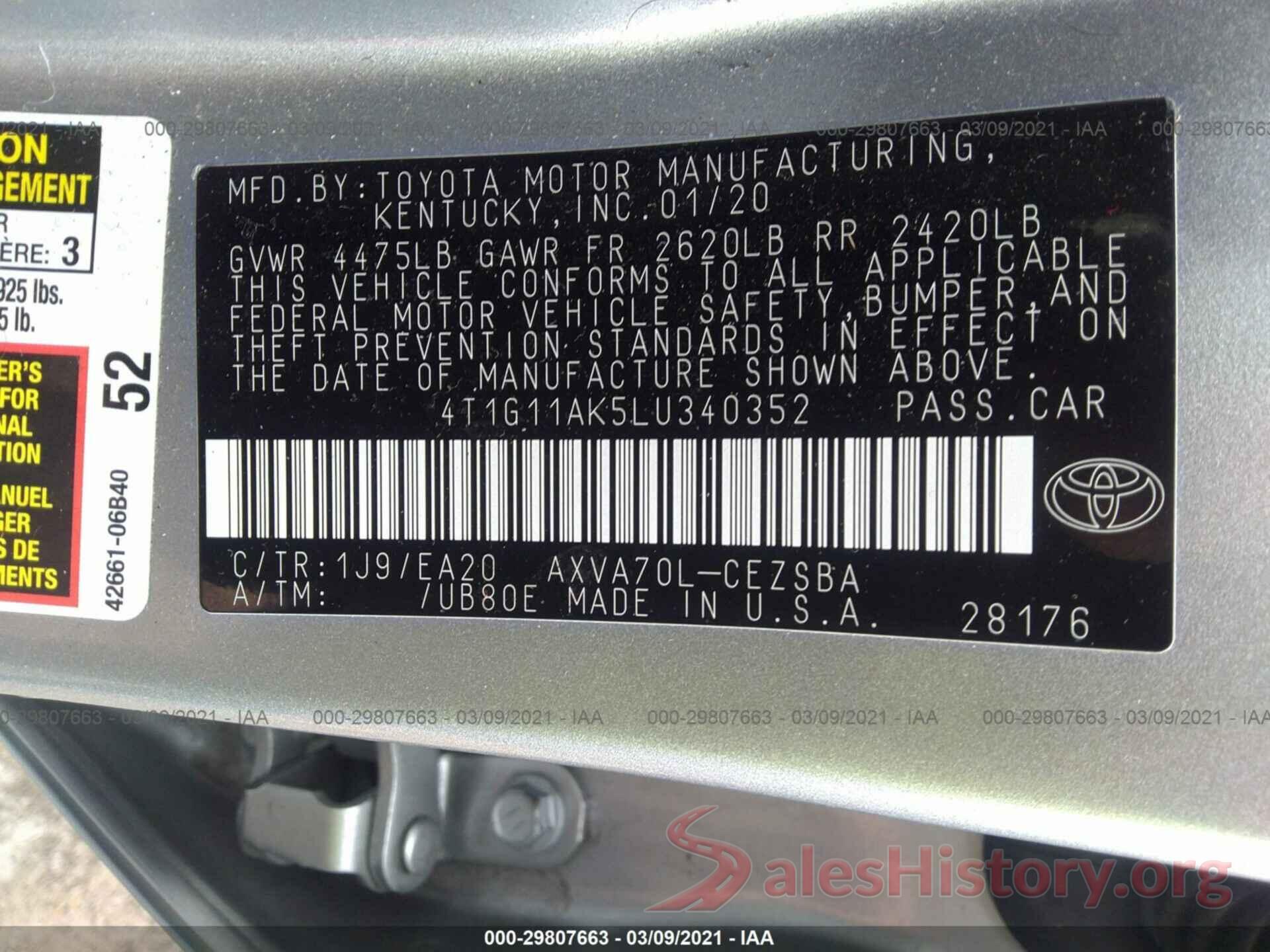 4T1G11AK5LU340352 2020 TOYOTA CAMRY