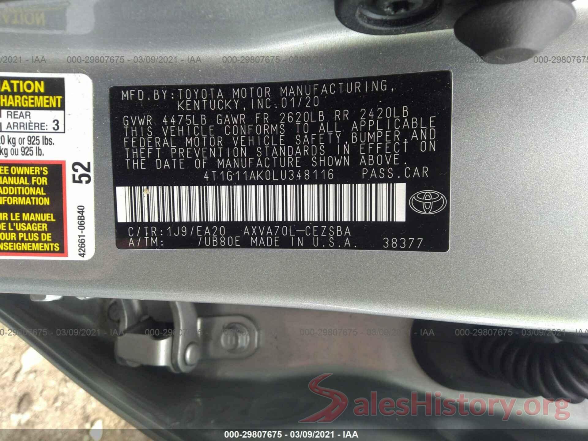 4T1G11AK0LU348116 2020 TOYOTA CAMRY