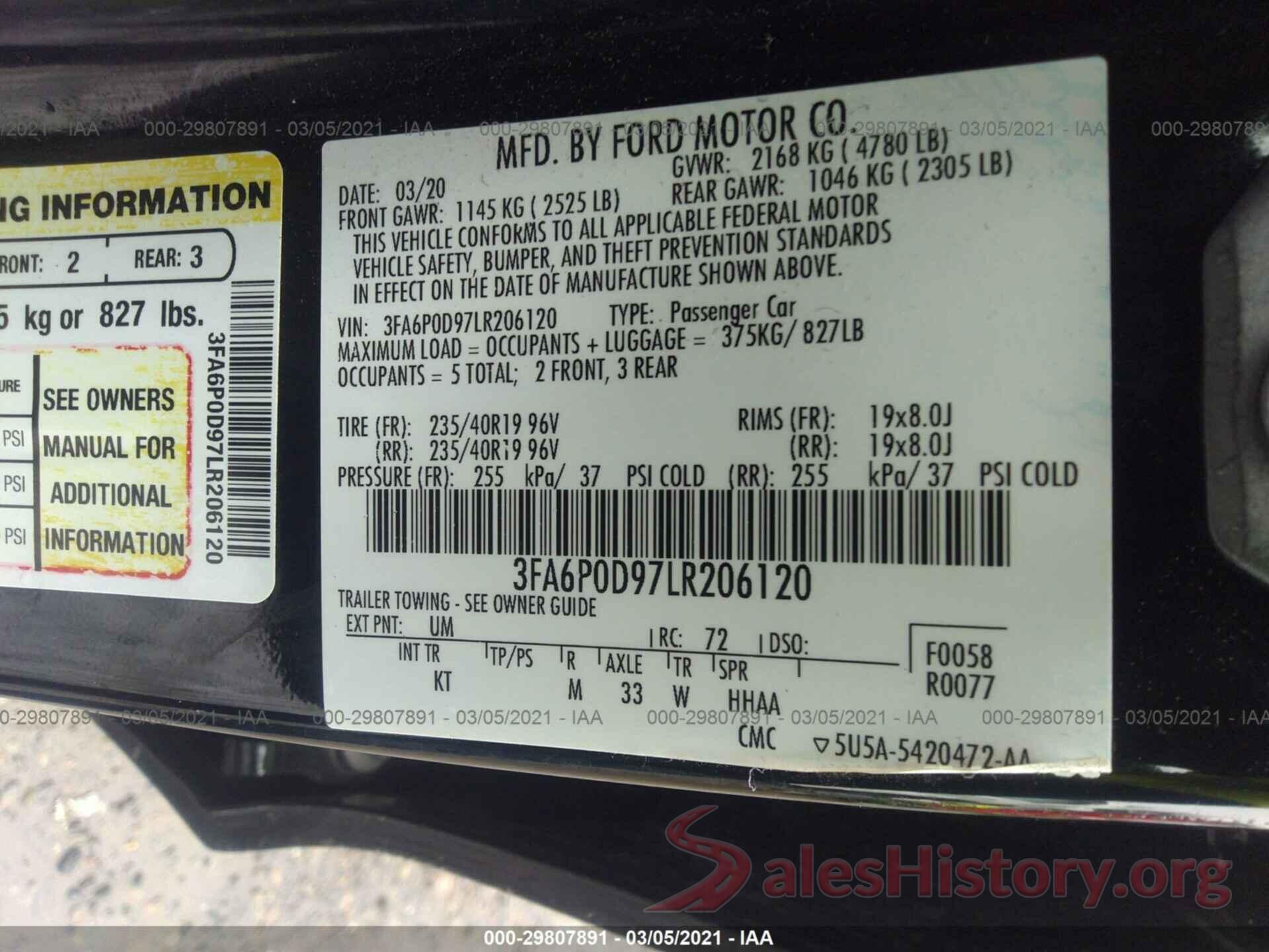 3FA6P0D97LR206120 2020 FORD FUSION