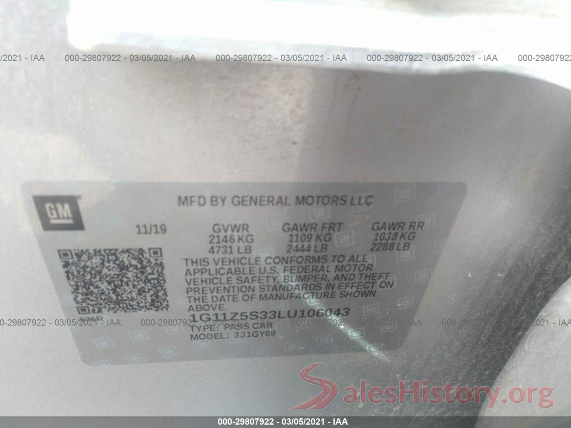 1G11Z5S33LU106043 2020 CHEVROLET IMPALA