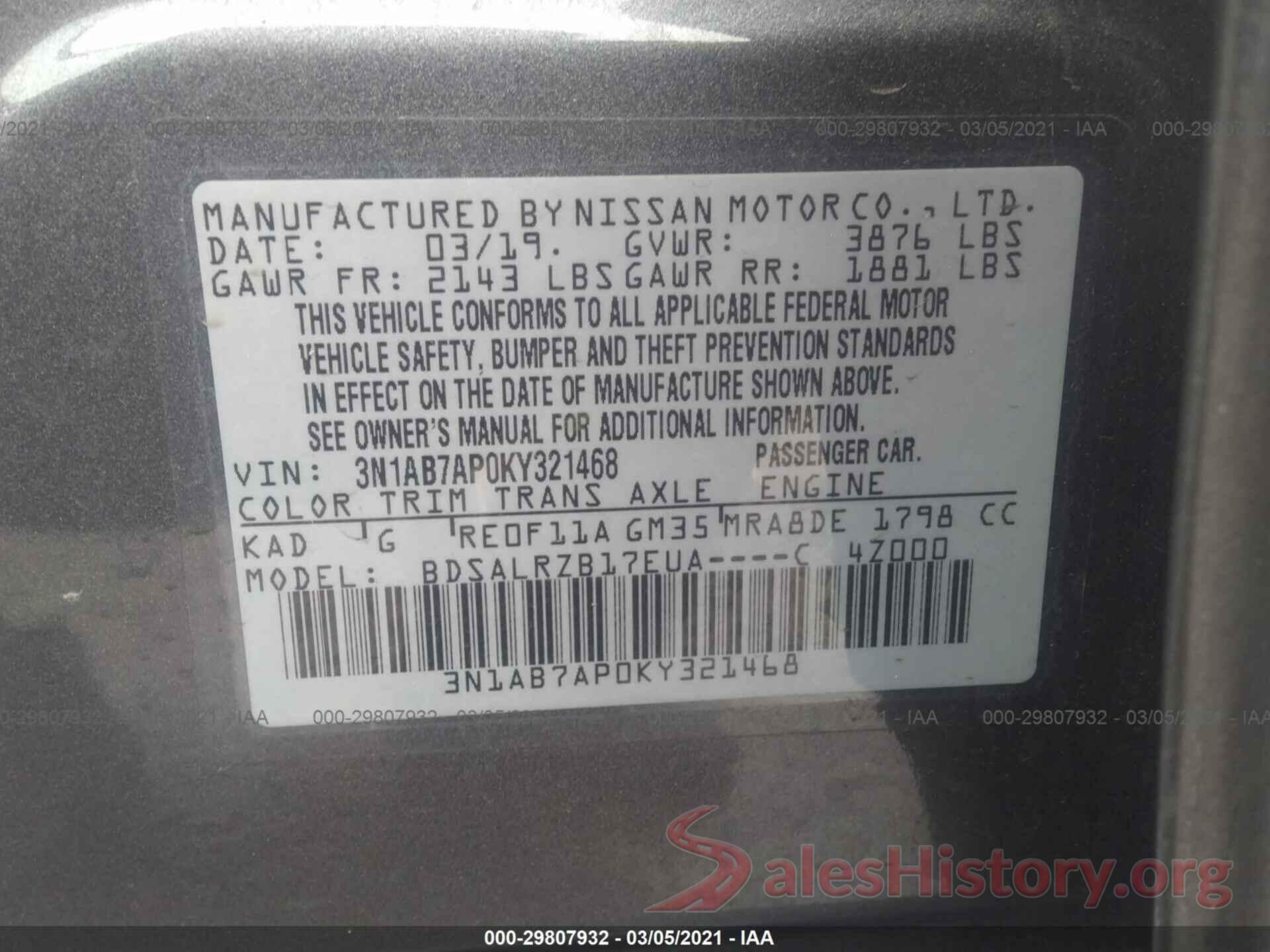 3N1AB7AP0KY321468 2019 NISSAN SENTRA