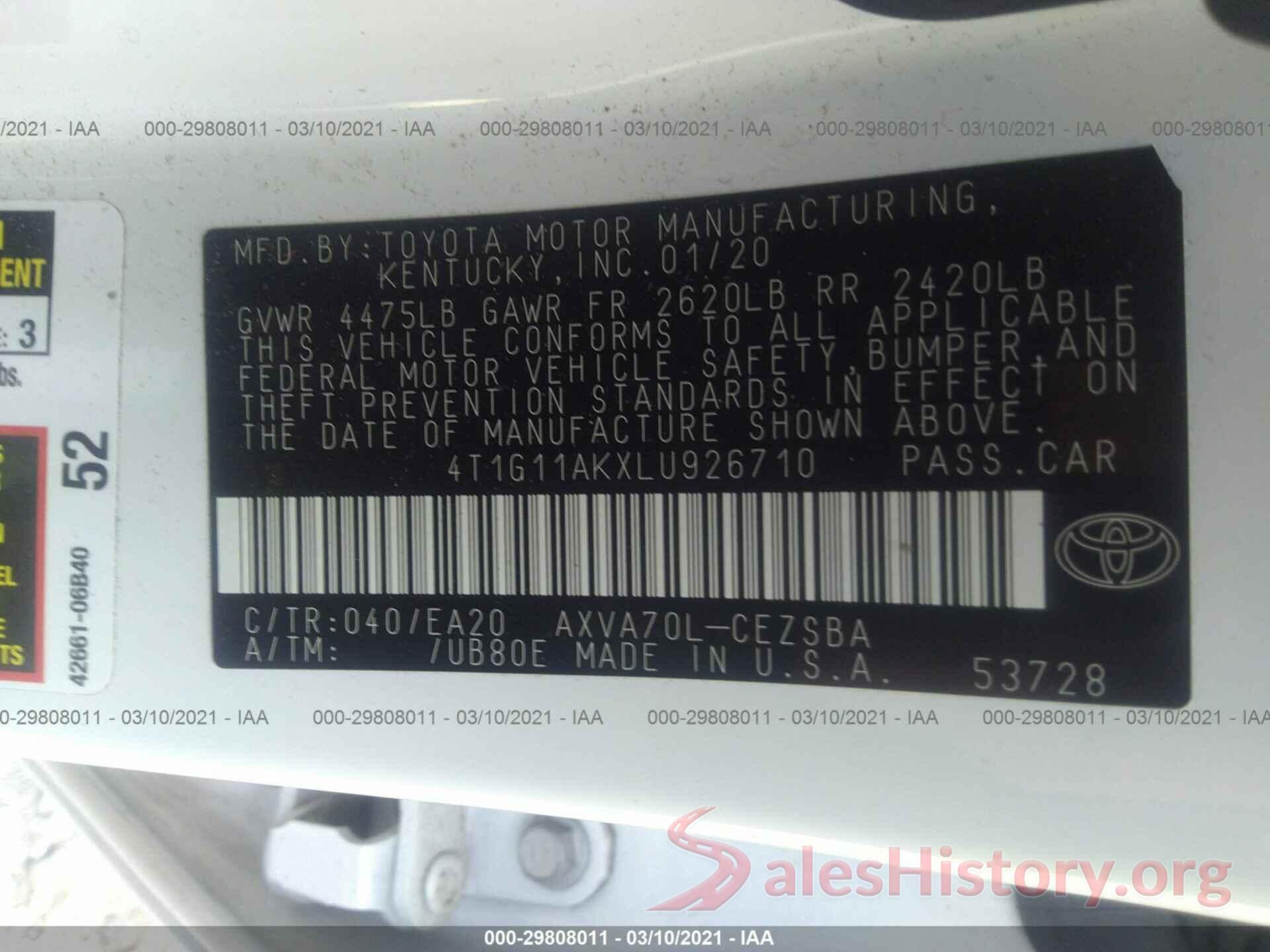 4T1G11AKXLU926710 2020 TOYOTA CAMRY