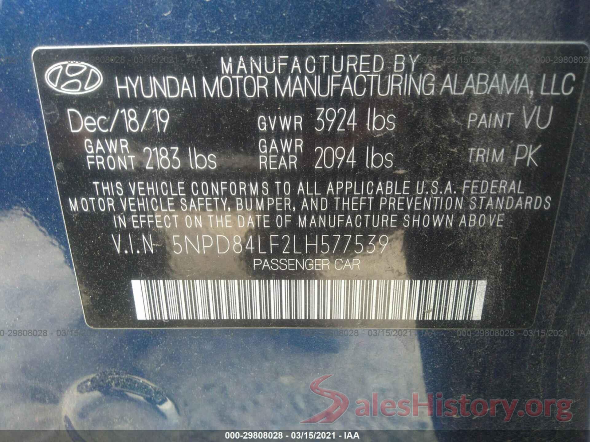 5NPD84LF2LH577539 2020 HYUNDAI ELANTRA