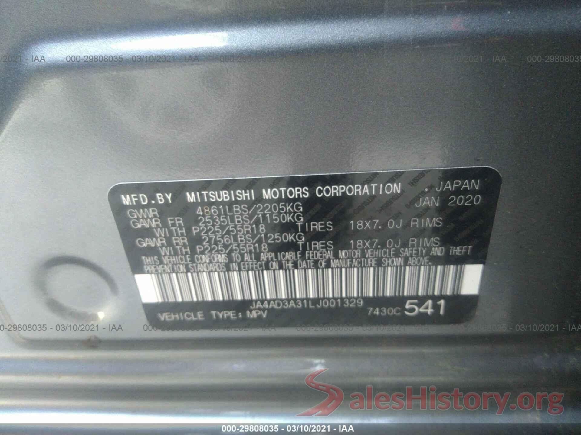 JA4AD3A31LJ001329 2020 MITSUBISHI OUTLANDER