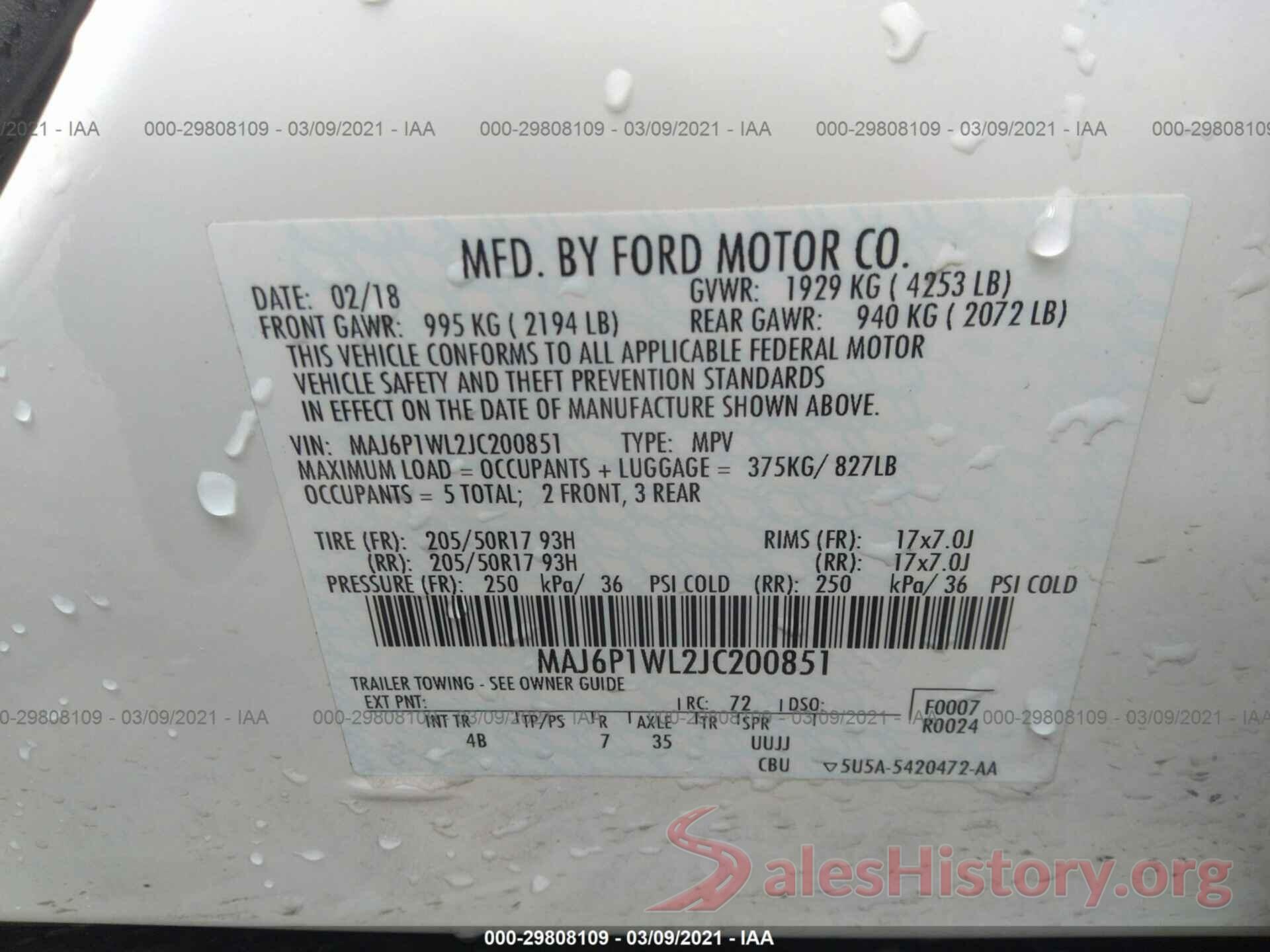 MAJ6P1WL2JC200851 2018 FORD ECOSPORT