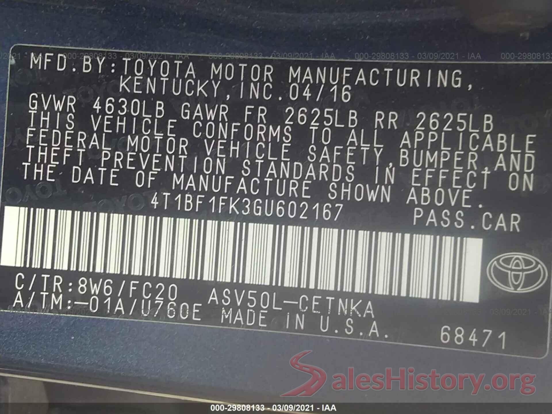 4T1BF1FK3GU602167 2016 TOYOTA CAMRY