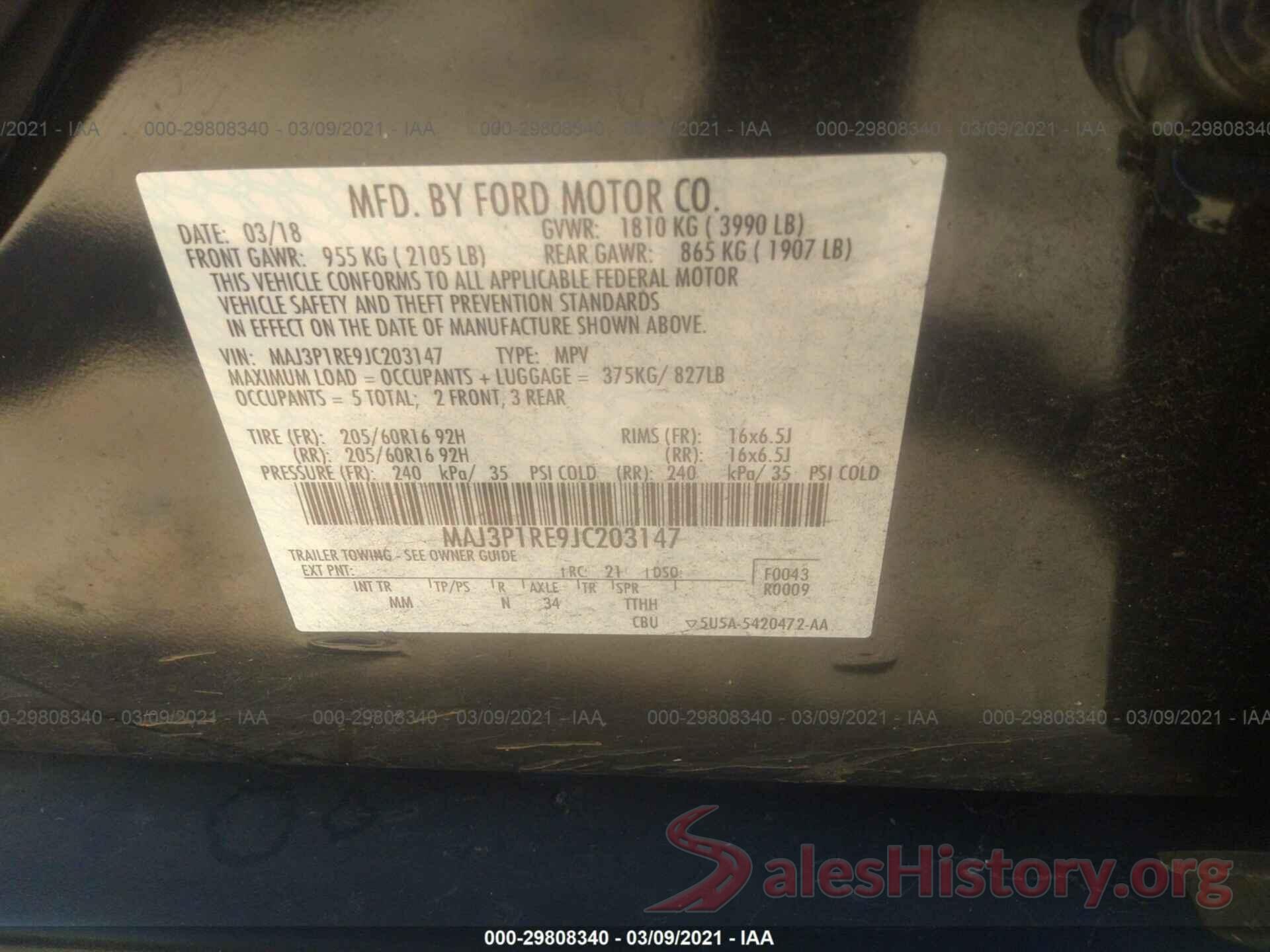 MAJ3P1RE9JC203147 2018 FORD ECOSPORT