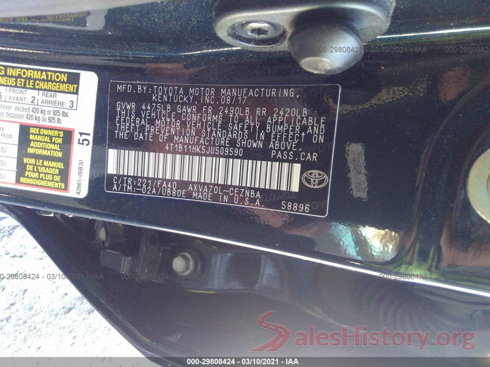 4T1B11HK5JU509590 2018 TOYOTA CAMRY