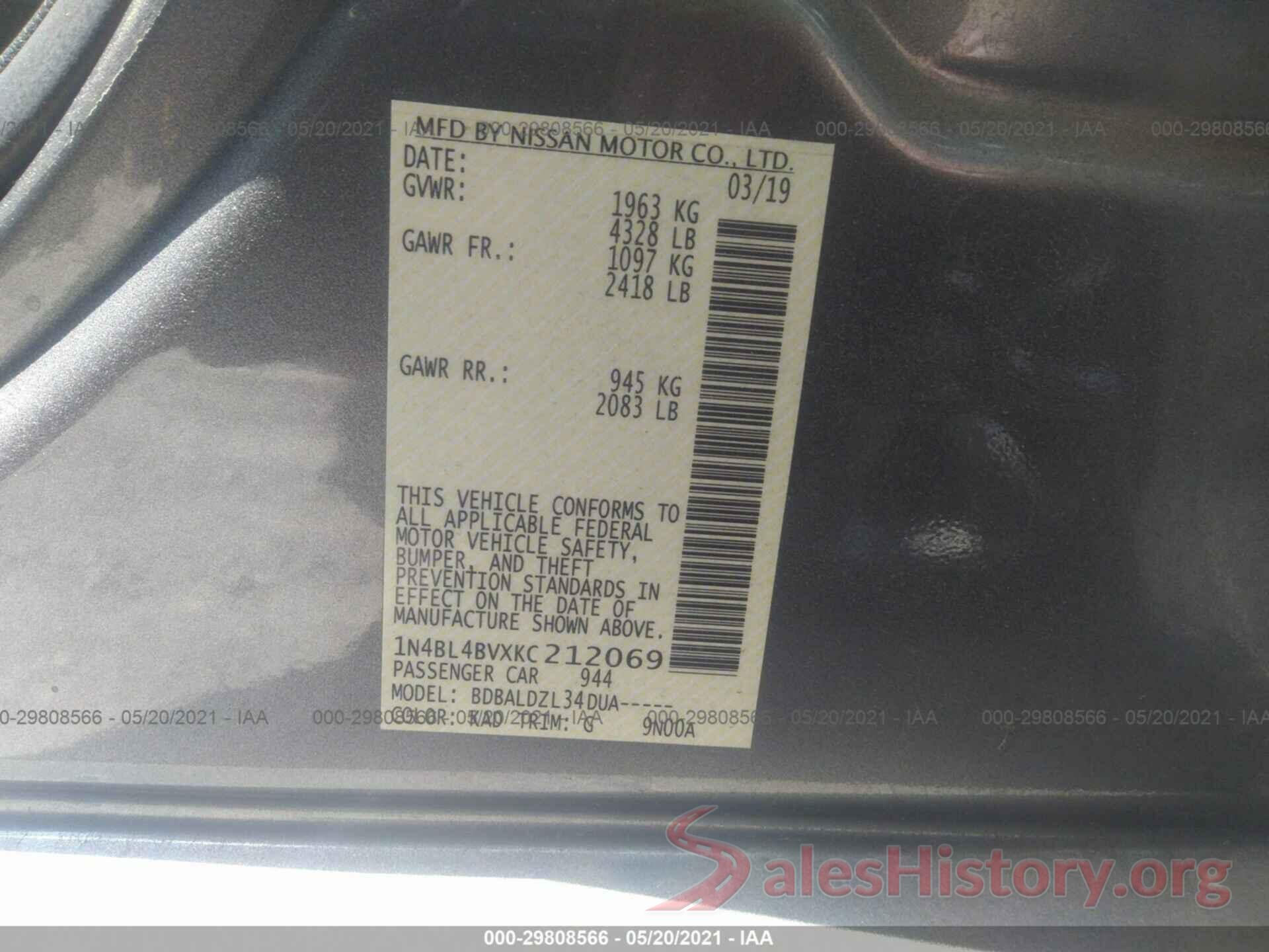 1N4BL4BVXKC212069 2019 NISSAN ALTIMA