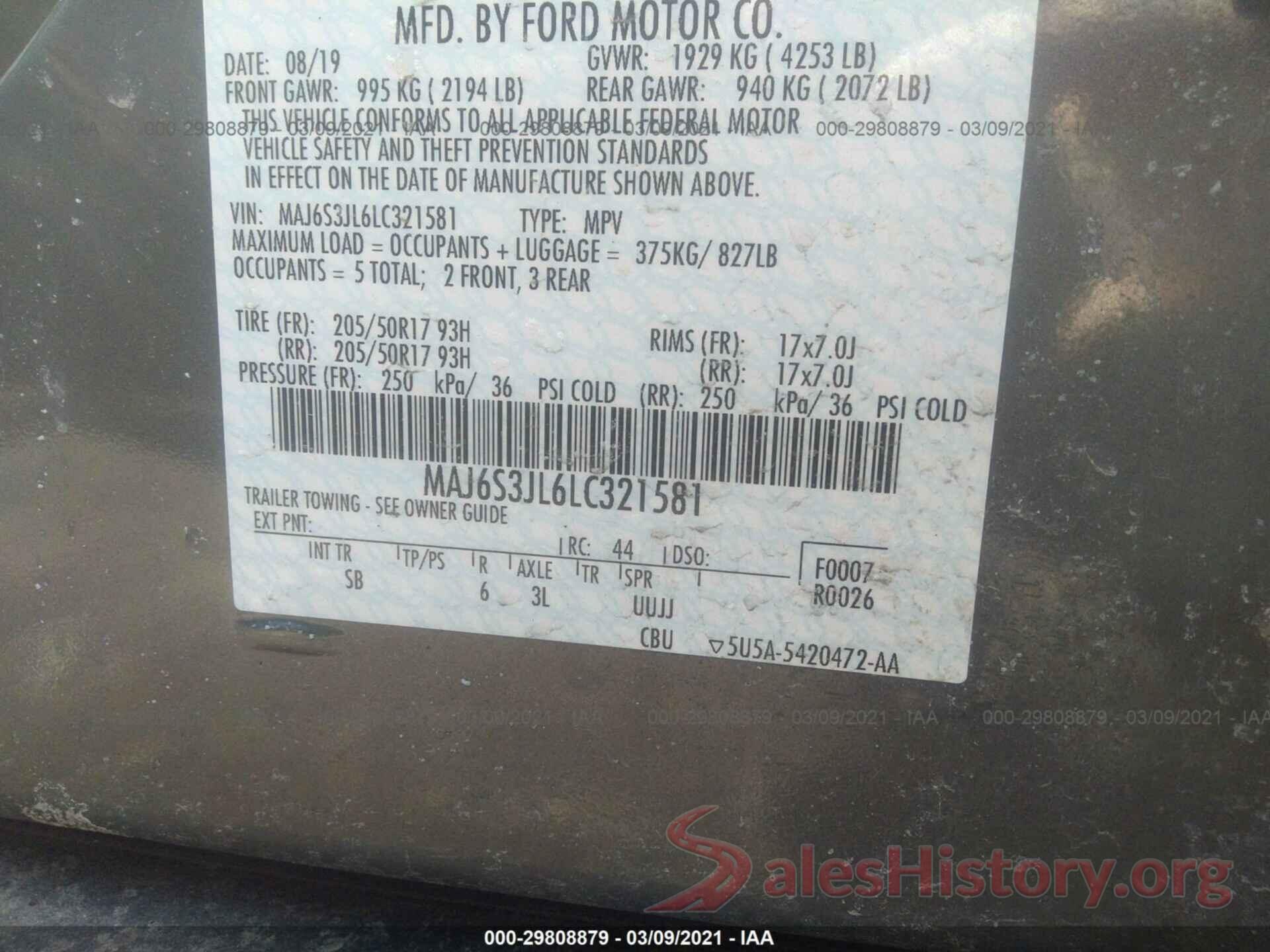 MAJ6S3JL6LC321581 2020 FORD ECOSPORT