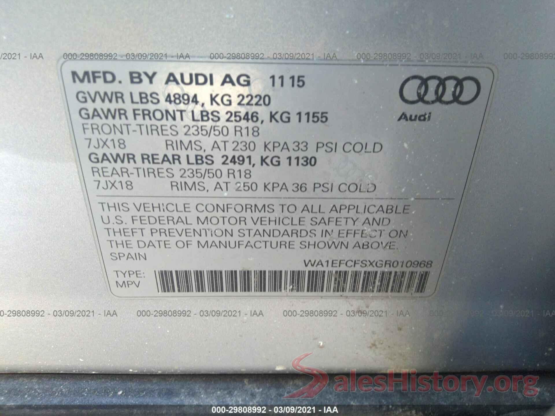 WA1EFCFSXGR010968 2016 AUDI Q3