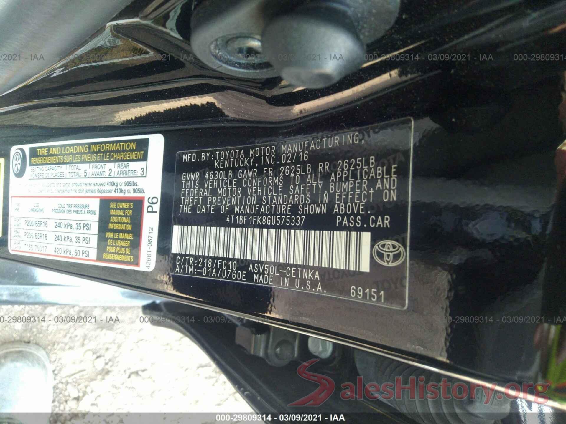 4T1BF1FK8GU575337 2016 TOYOTA CAMRY