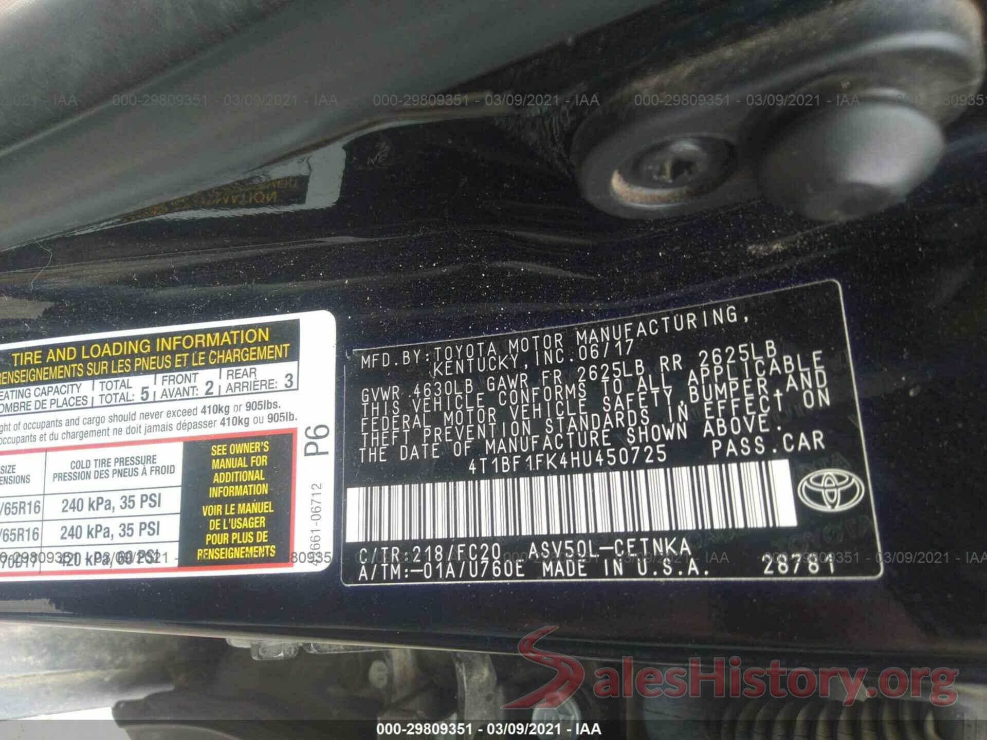 4T1BF1FK4HU450725 2017 TOYOTA CAMRY