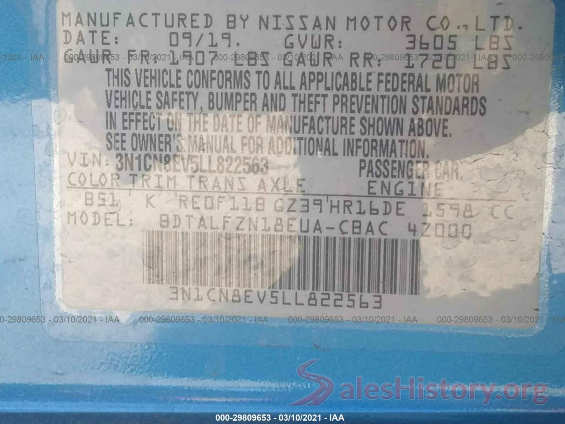 3N1CN8EV5LL822563 2020 NISSAN VERSA