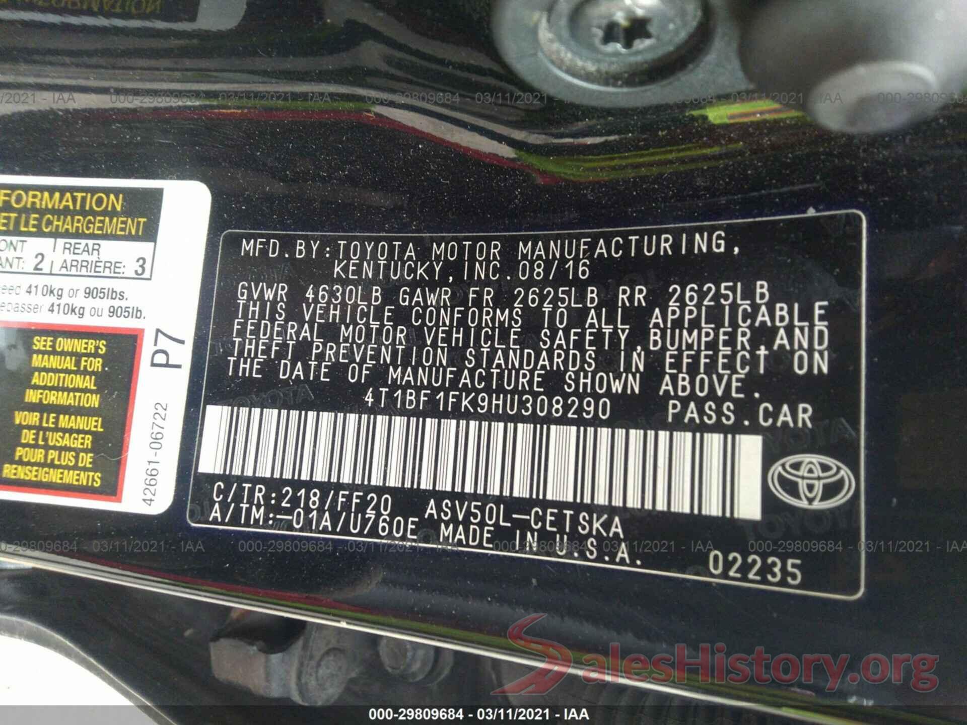 4T1BF1FK9HU308290 2017 TOYOTA CAMRY