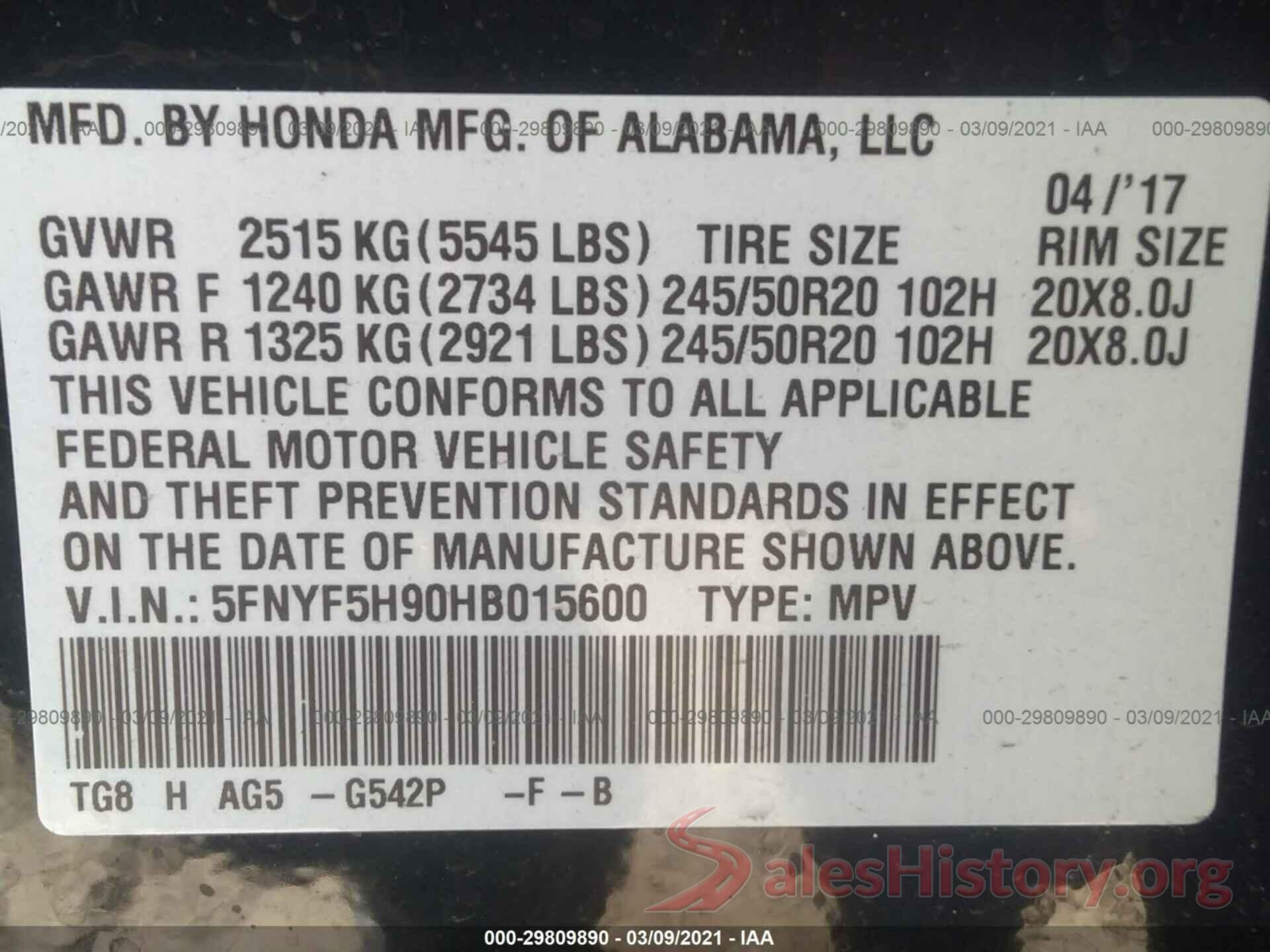 5FNYF5H90HB015600 2017 HONDA PILOT