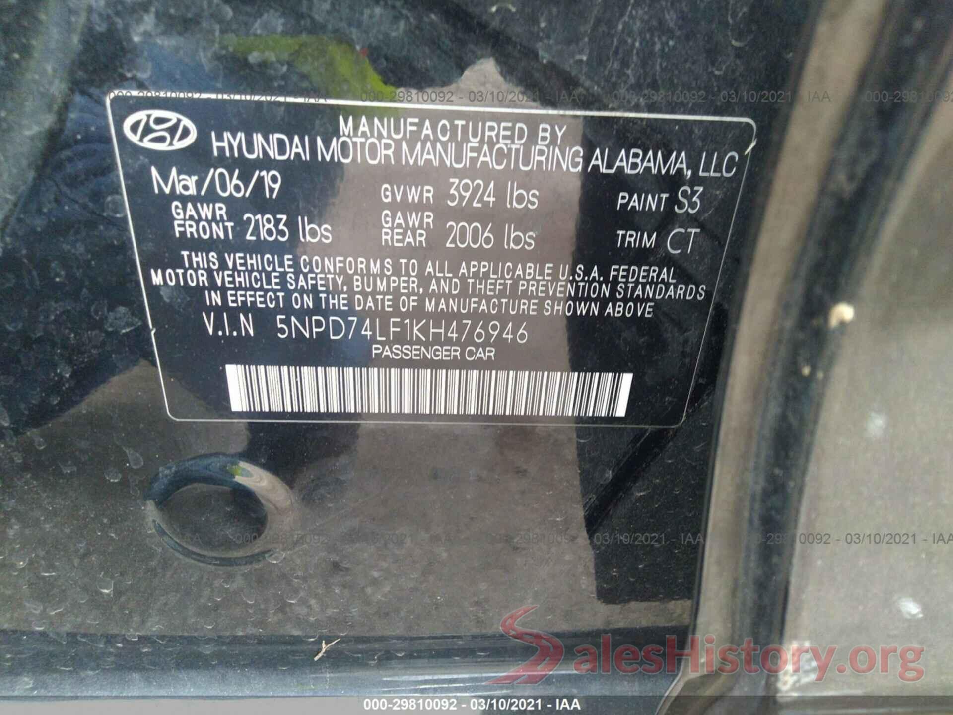 5NPD74LF1KH476946 2019 HYUNDAI ELANTRA