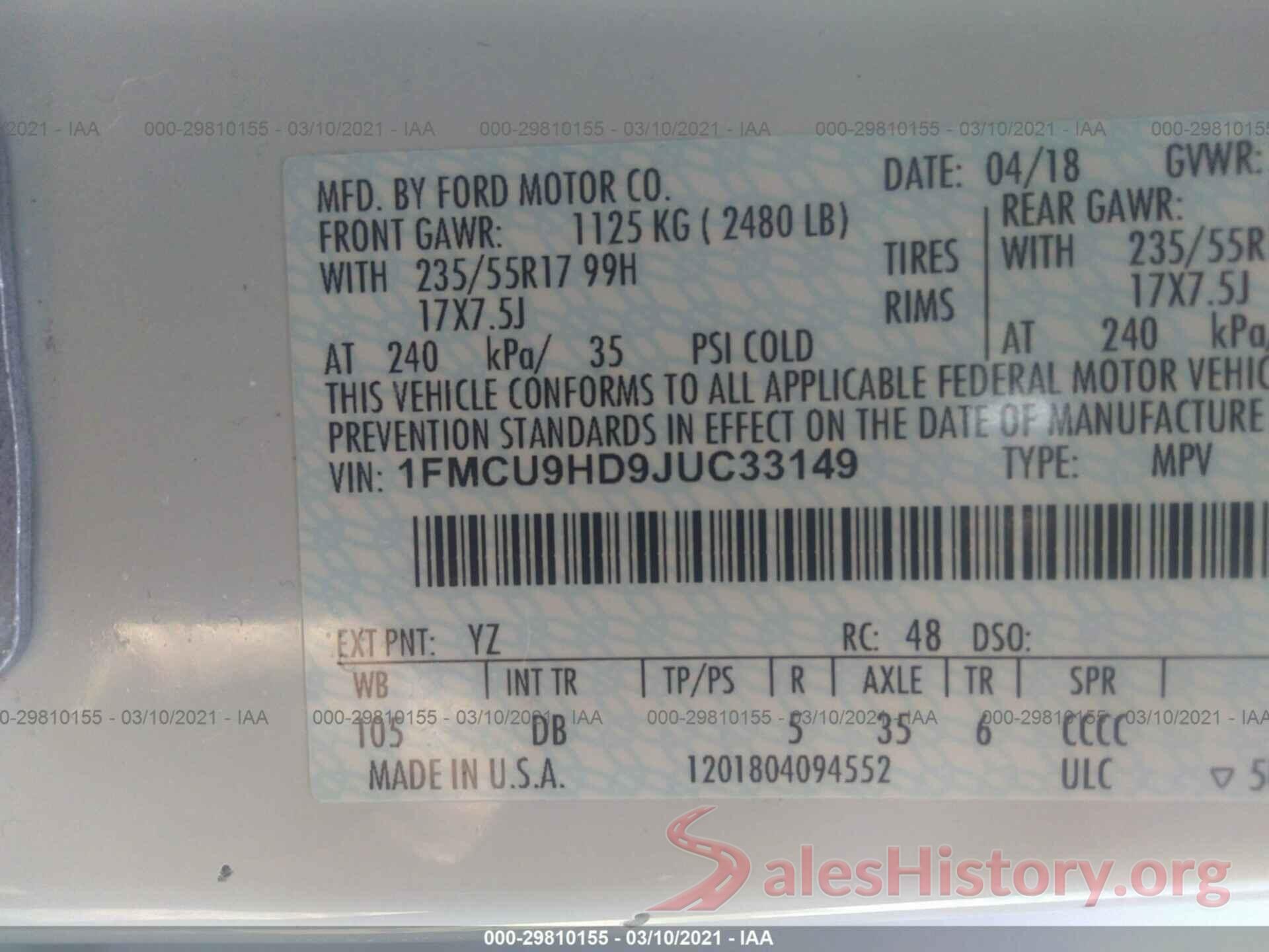 1FMCU9HD9JUC33149 2018 FORD ESCAPE