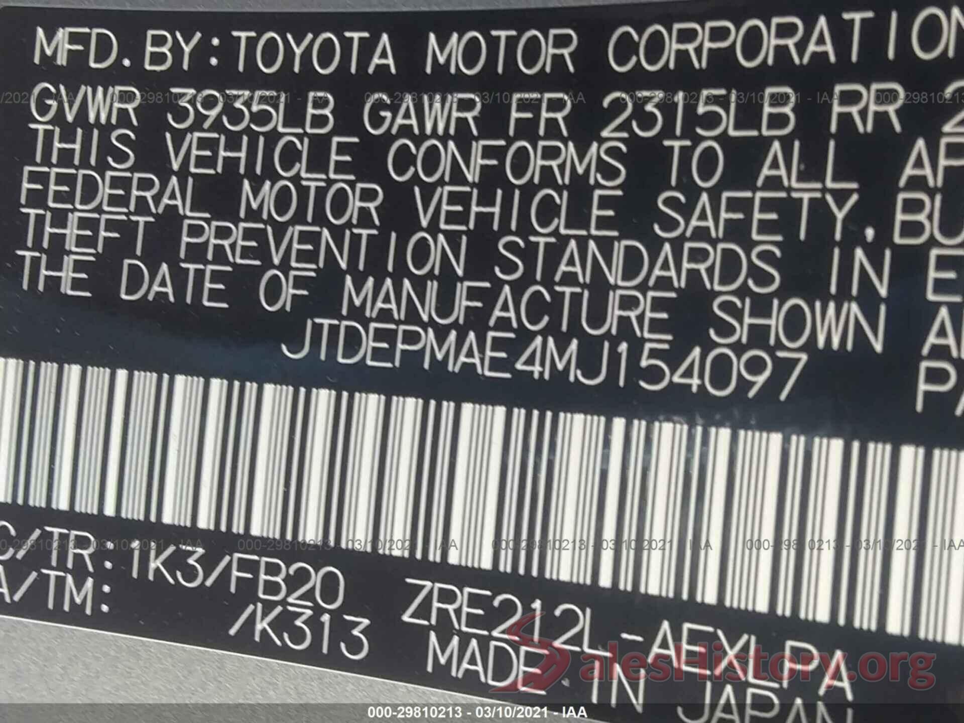 JTDEPMAE4MJ154097 2021 TOYOTA COROLLA