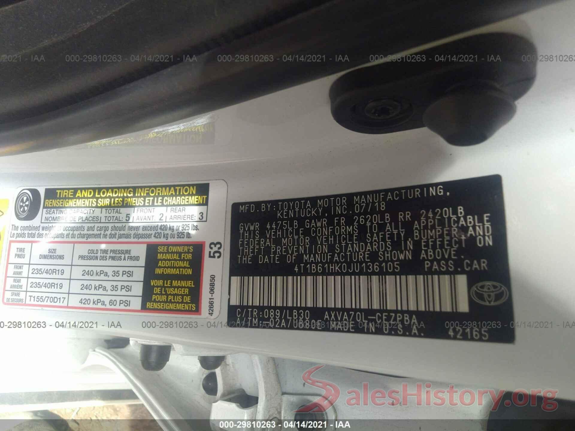 4T1B61HK0JU136105 2018 TOYOTA CAMRY