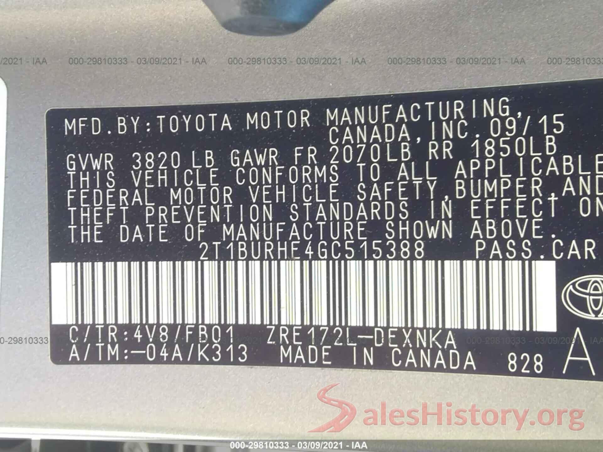 2T1BURHE4GC515388 2016 TOYOTA COROLLA