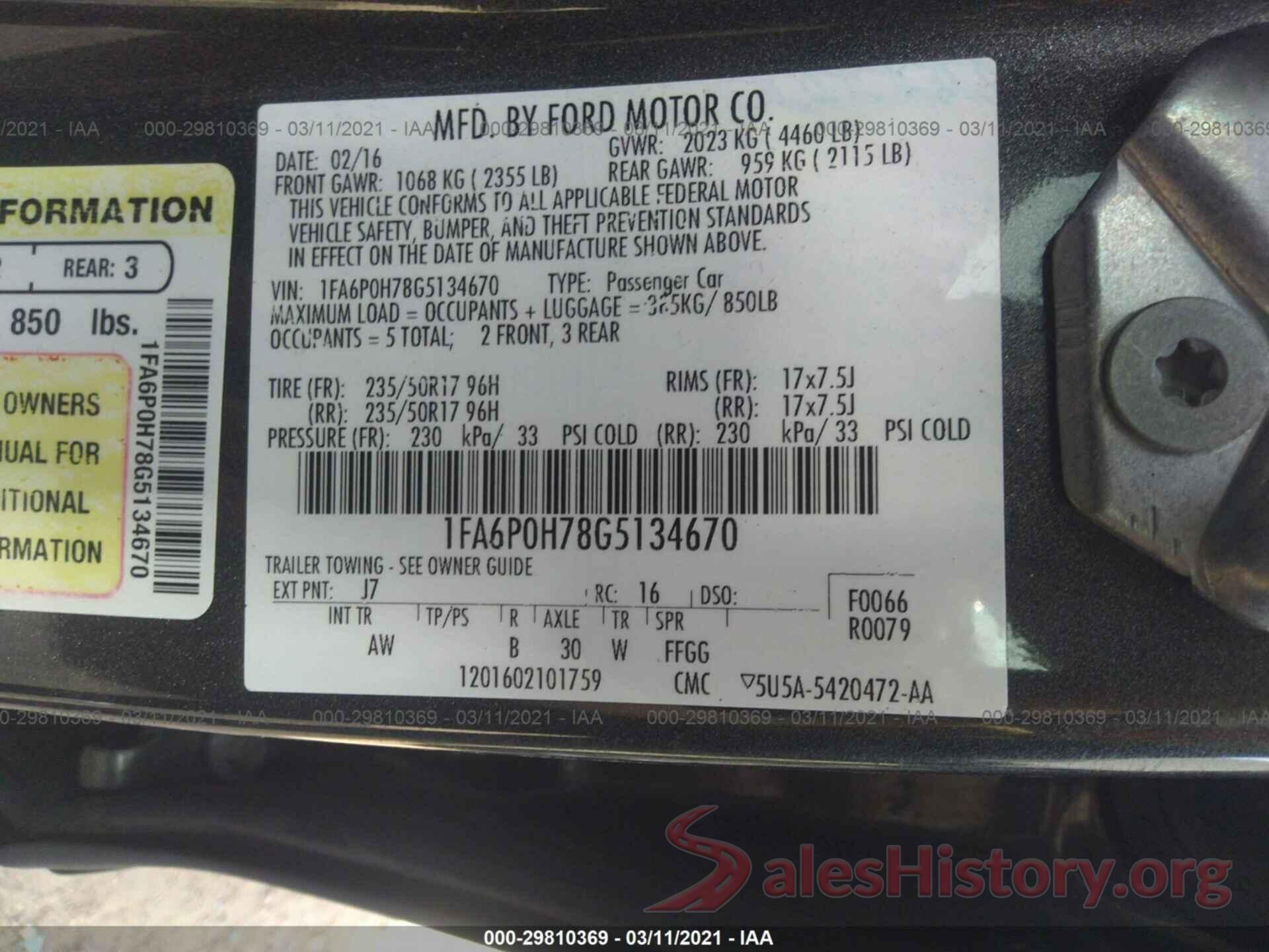 1FA6P0H78G5134670 2016 FORD FUSION