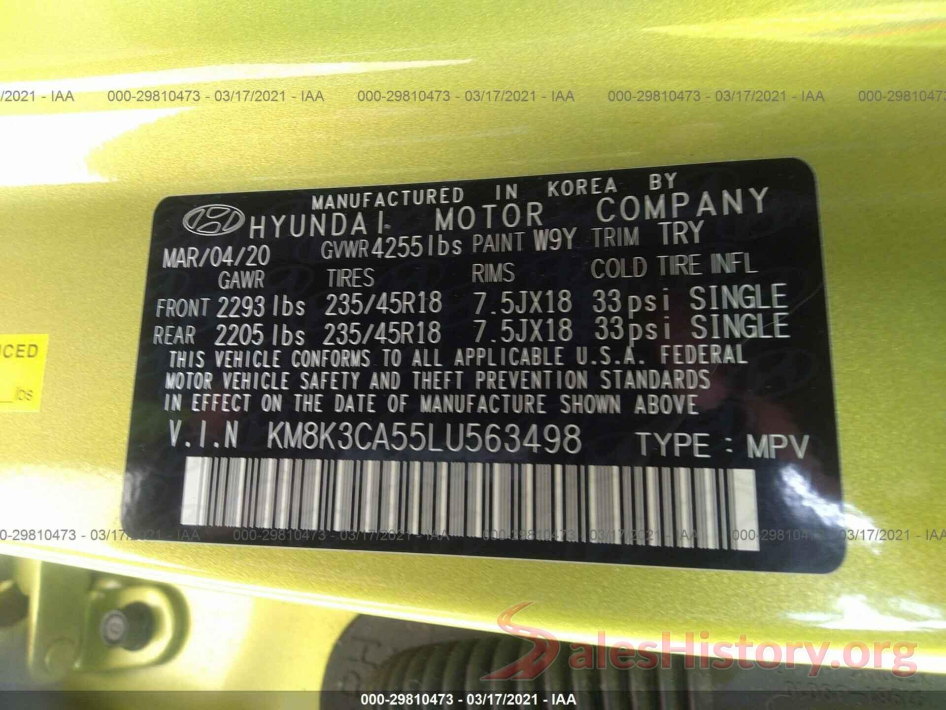 KM8K3CA55LU563498 2020 HYUNDAI KONA