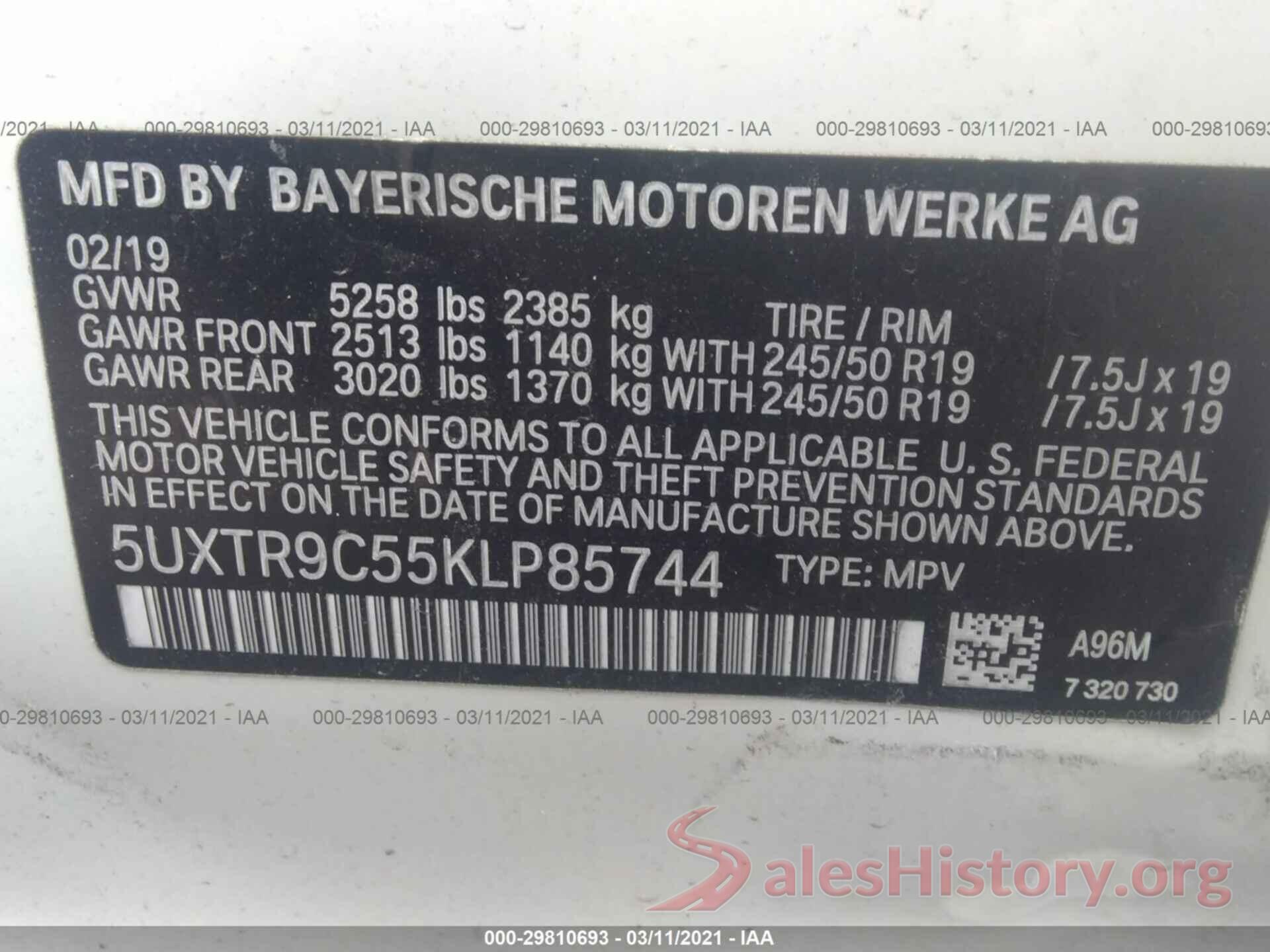 5UXTR9C55KLP85744 2019 BMW X3