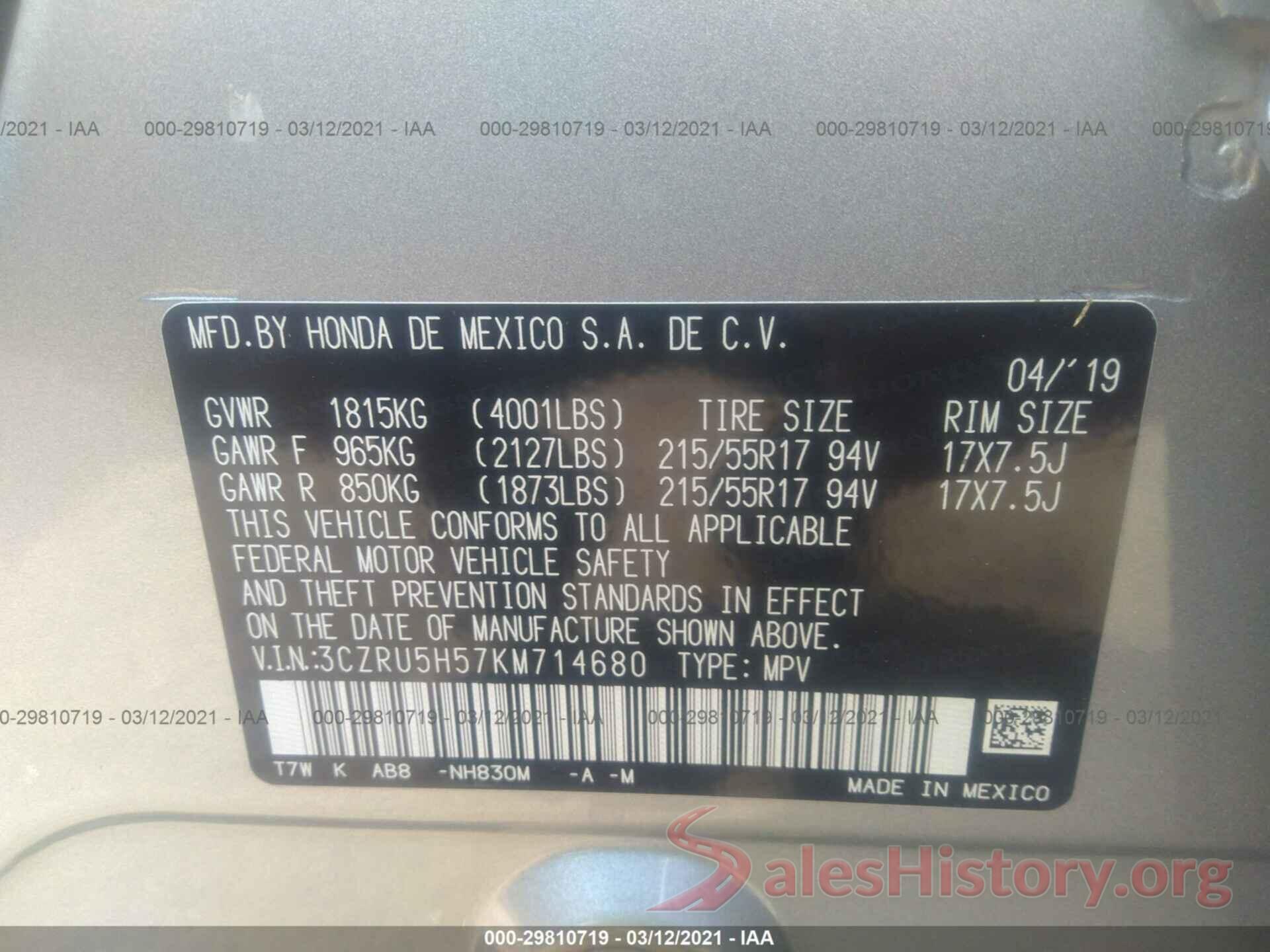 3CZRU5H57KM714680 2019 HONDA HR-V