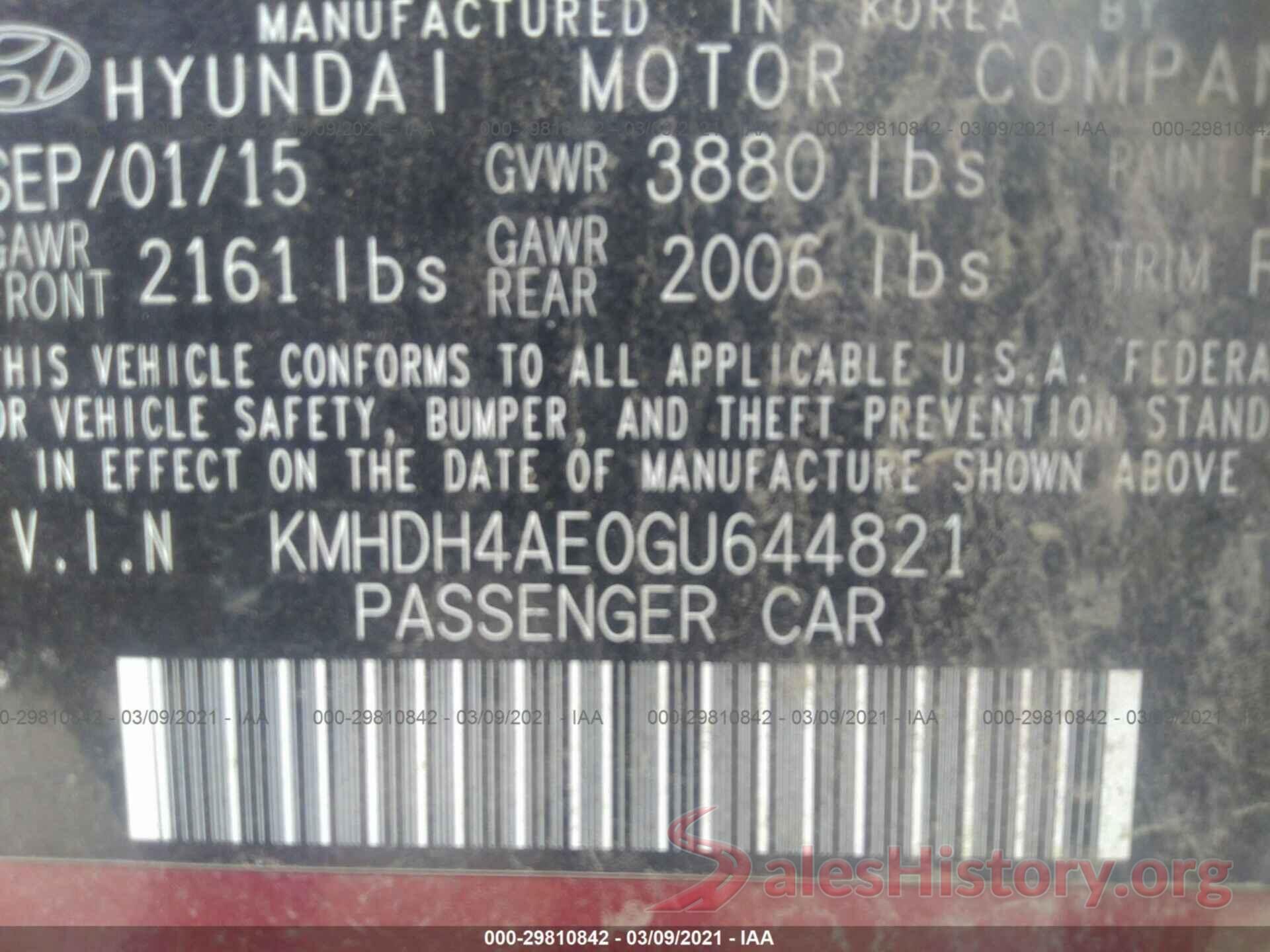 KMHDH4AE0GU644821 2016 HYUNDAI ELANTRA