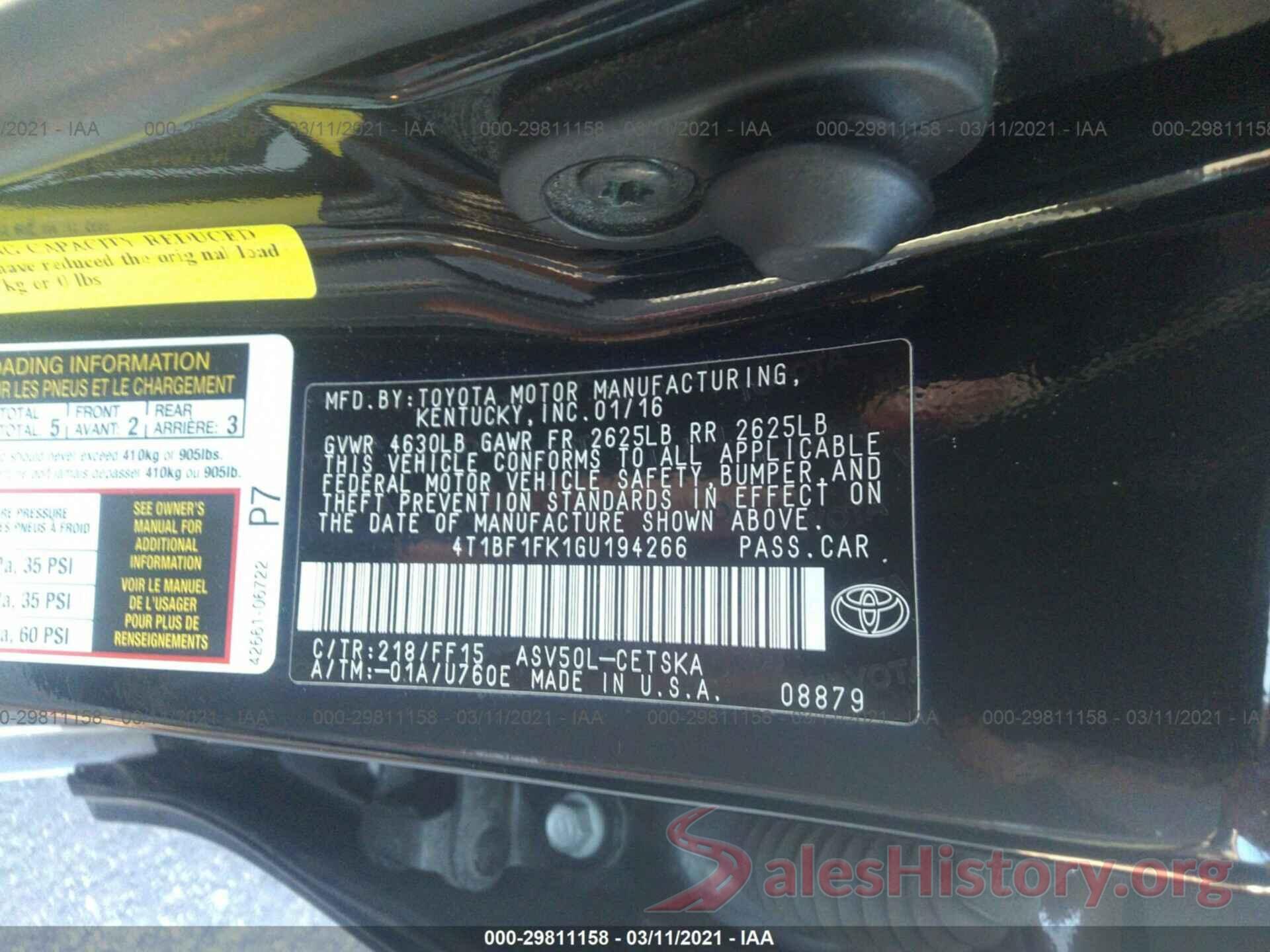 4T1BF1FK1GU194266 2016 TOYOTA CAMRY