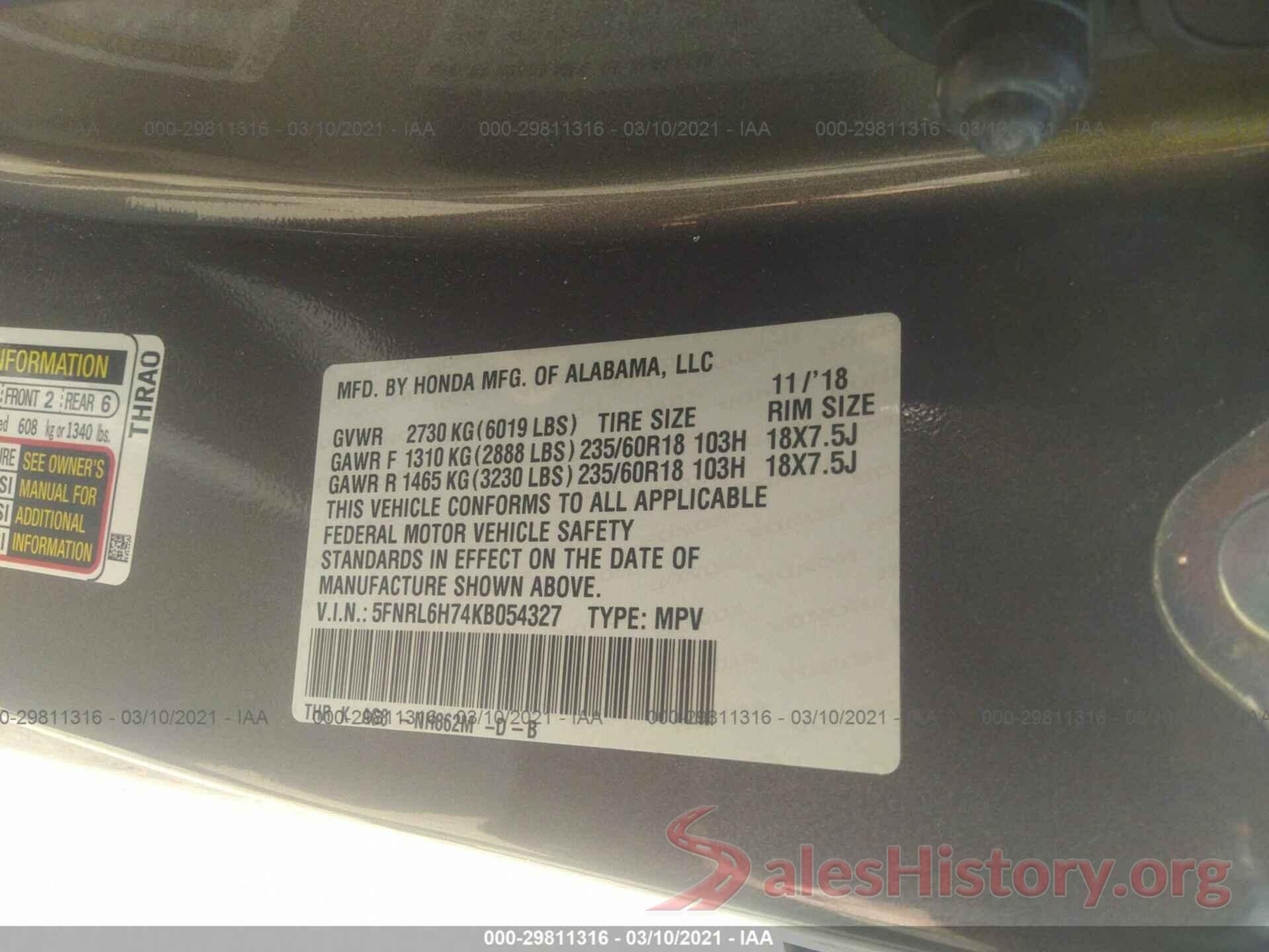 5FNRL6H74KB054327 2019 HONDA ODYSSEY