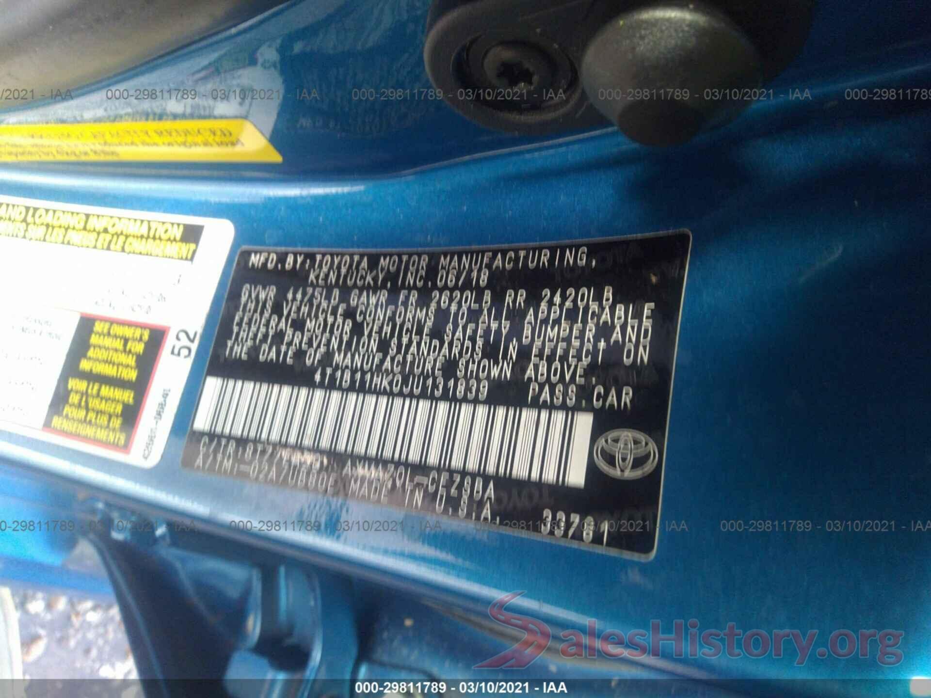 4T1B11HK0JU131839 2018 TOYOTA CAMRY